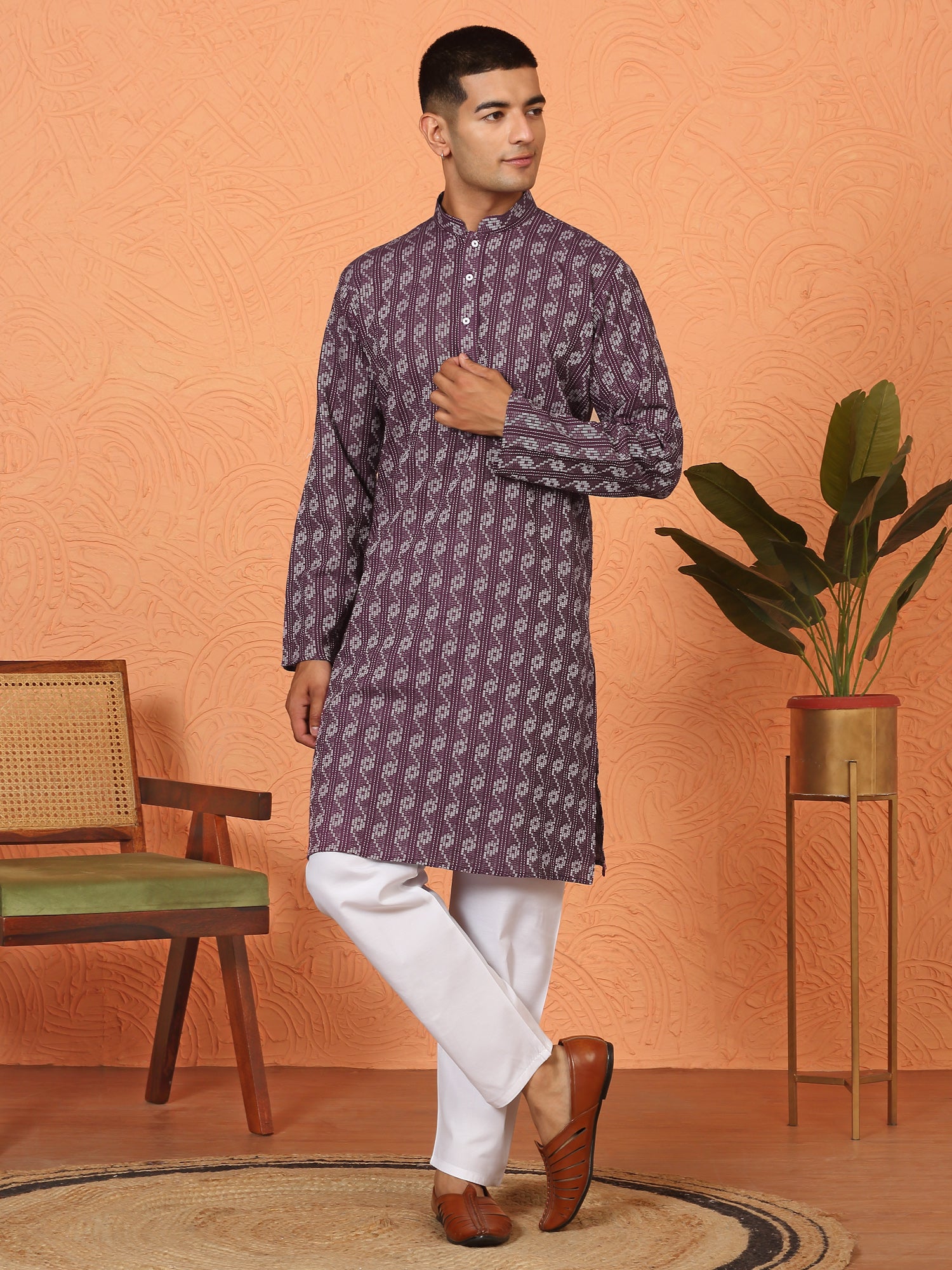 Men’s Cotton Woven Kantha Work Kurta Pyjama Set with Mandarin Collar
