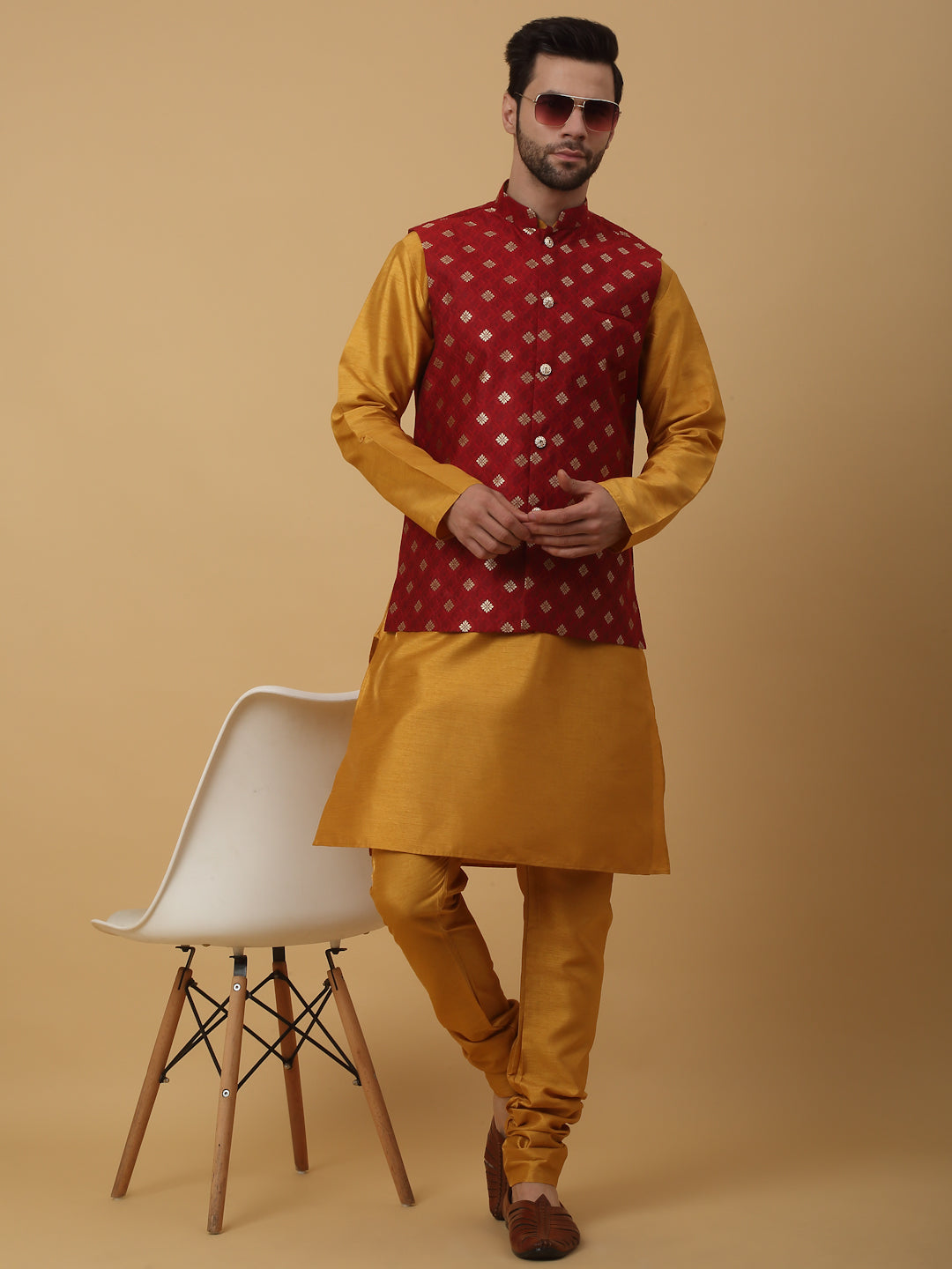 KRAFT INDIA Men's Silk Blend Mustard Kurta, Churidar with Jacquard Silk Blend Floral Print Nehru Jacket Set