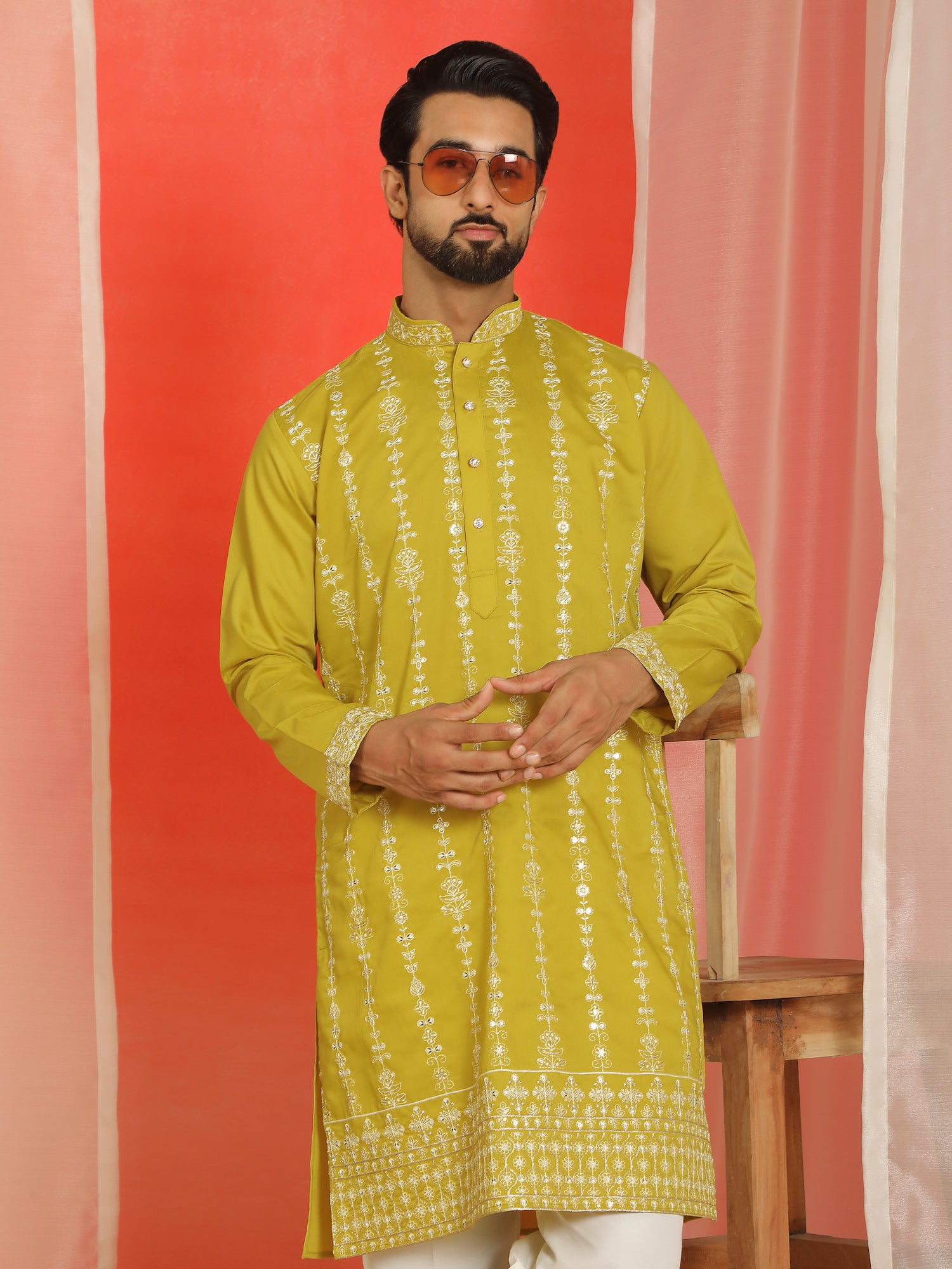 Men Cotton Silk Floral Thread Work Sequined Festive Kurta