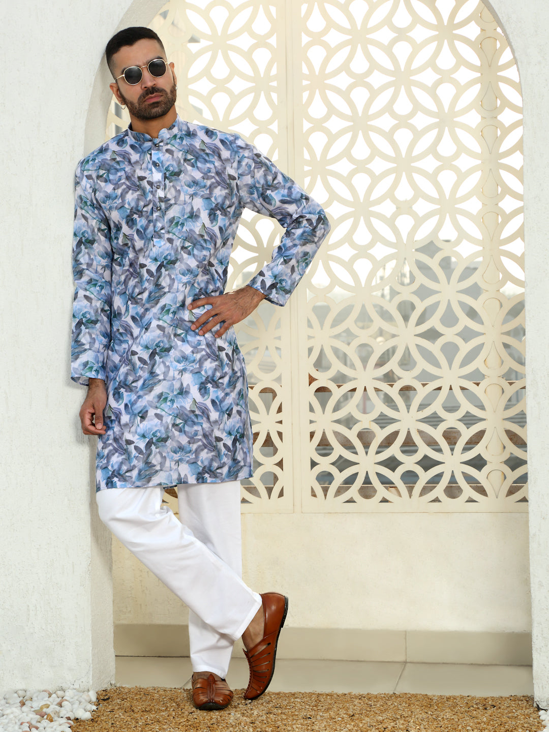 Cotton Leaf Printed Mandarin Collar Long Sleeves Kurta with white Elastic waistband Pyjama set