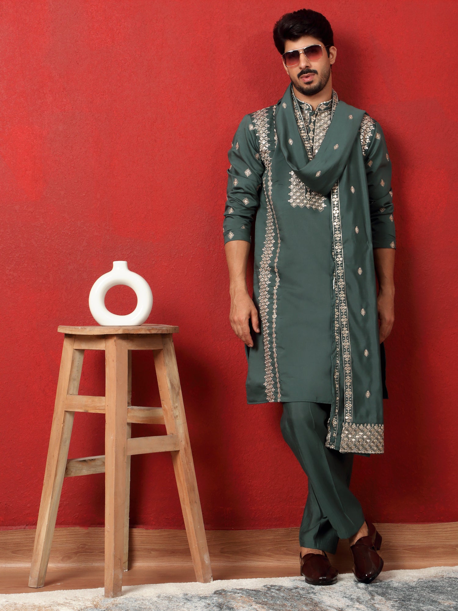 LUXE-Men's Cotton Silk Zari Embroided Yoke Design Sequence Kurta Trouser Pant Set With Matching Duppatta