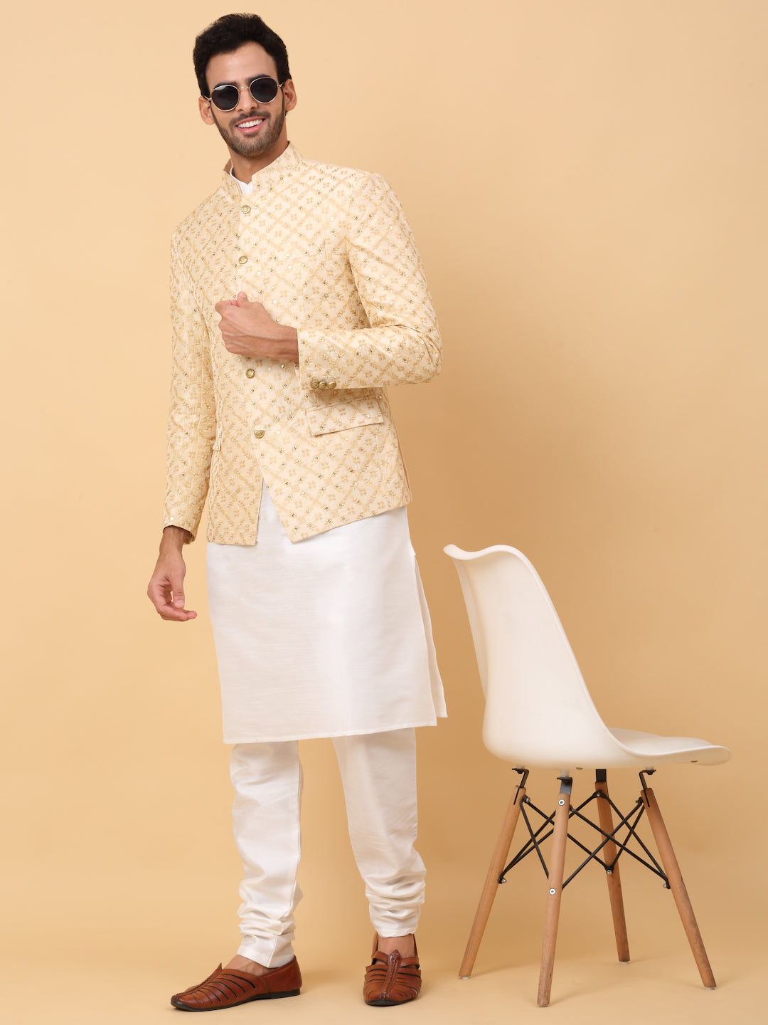 KRAFT INDIA Men's Silk Cream Kurta Churidar With Embroidered Zari Bandhgala Suit/Coat