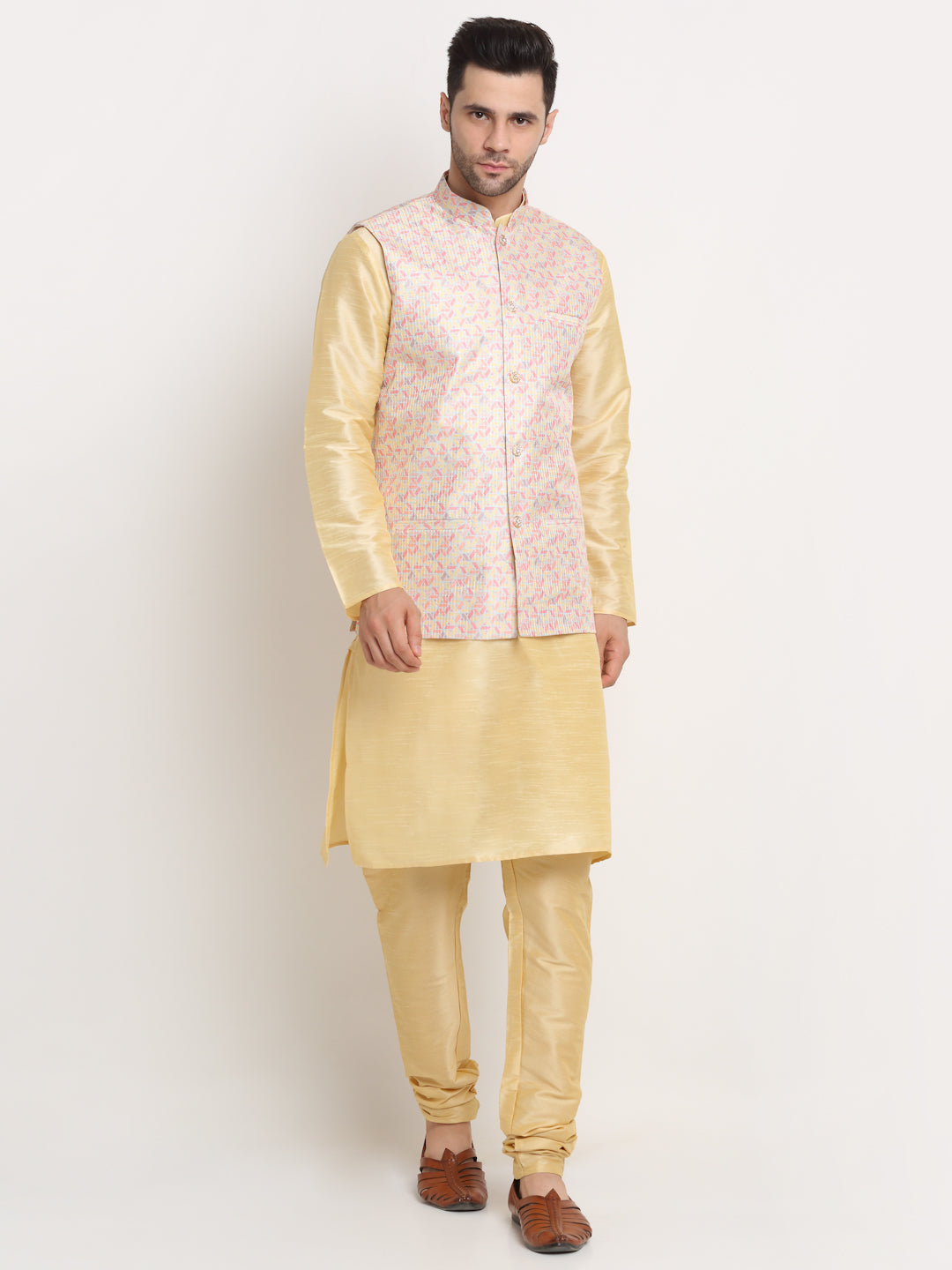 KRAFT INDIA Mens Beige Silk Blend Kurta and churidar with embroided Nehru jacket