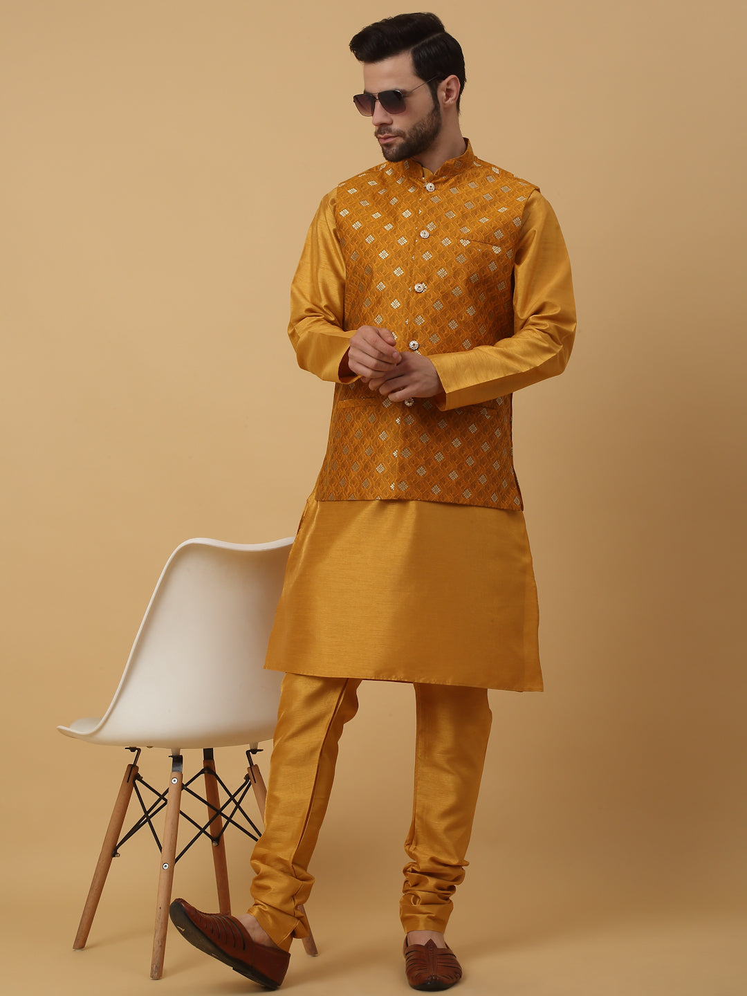 KRAFT INDIA Men's Silk Blend Mustard Kurta, Churidar with Jacquard Silk Blend Floral Print Nehru Jacket Set