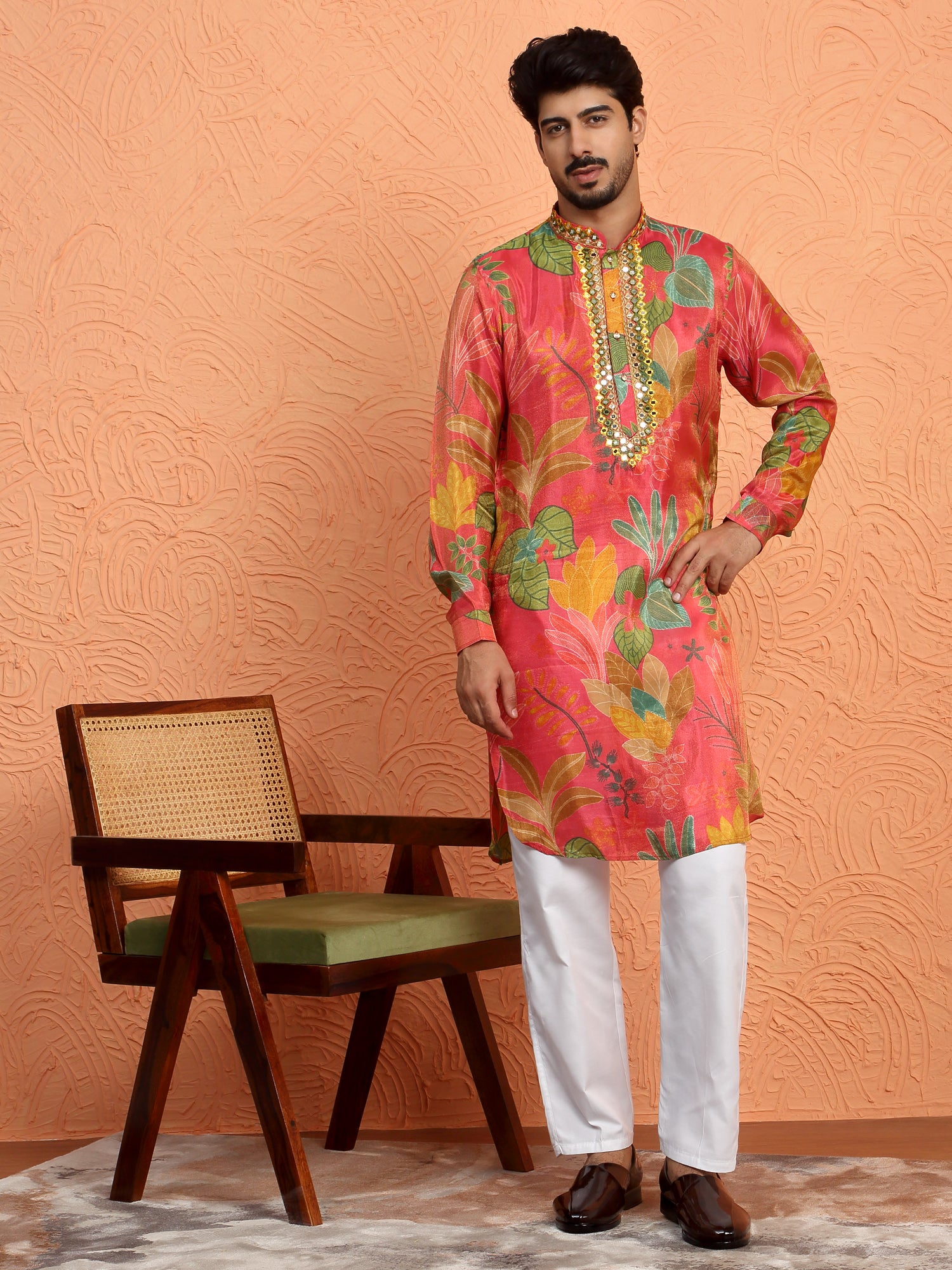 LUXE-Men's Silk Yoke Design Floral Mirror Work Kurta Trouser Pant Set