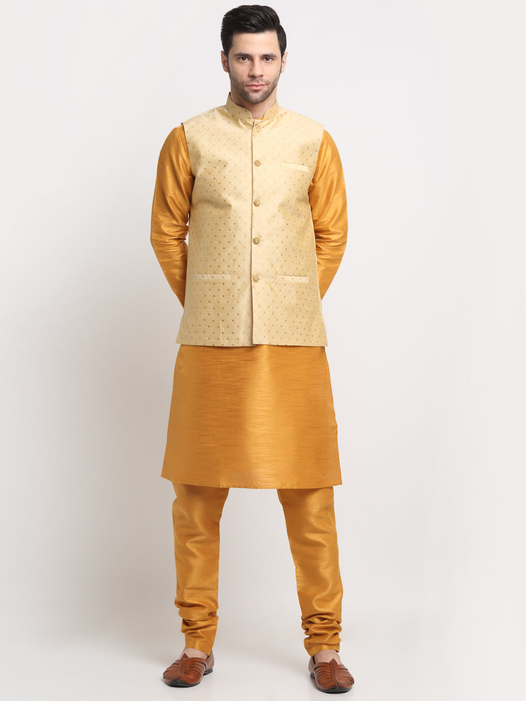 KRAFT INDIA Men's Silk Mustard Kurta Churidar With Polka Dotted Nehru Jacket Set