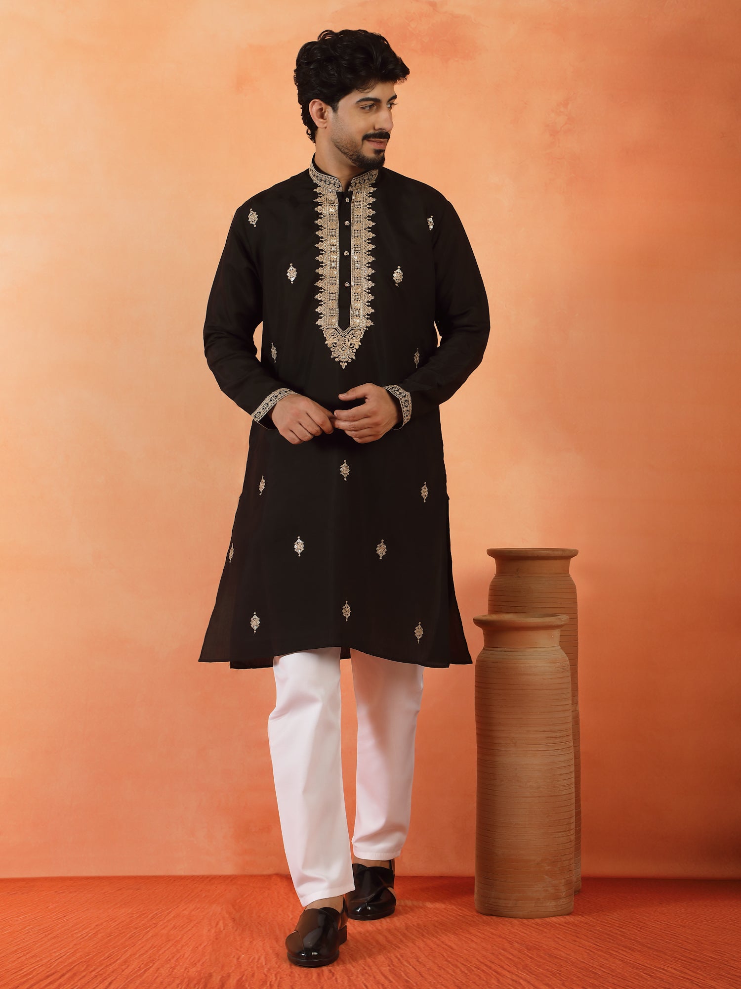Men's Sequenced Embroidered Designed Cotton Silk Straight Long Kurta