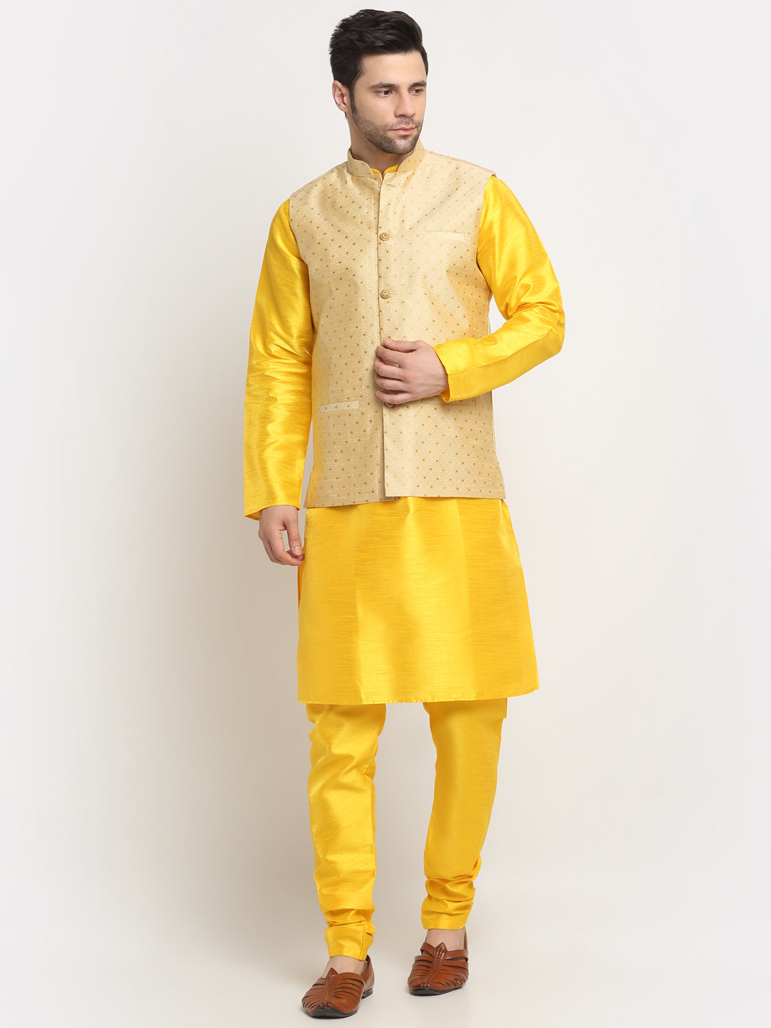 KRAFT INDIA Men's Silk Yellow Kurta Churidar With Polka Dotted Nehru Jacket Set