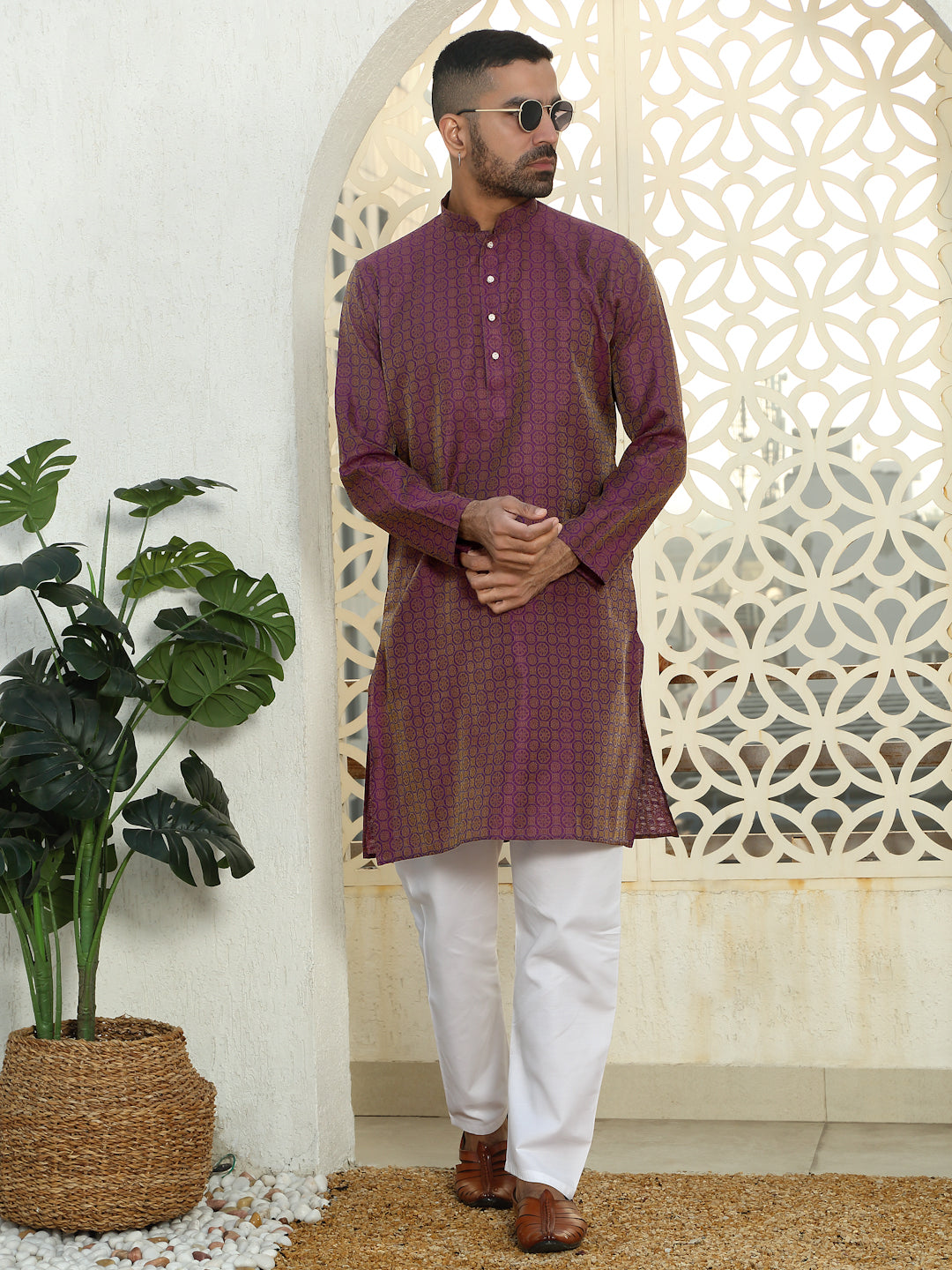 Silk Jacquard Kurta With White Elastic Waistband Pyjama set