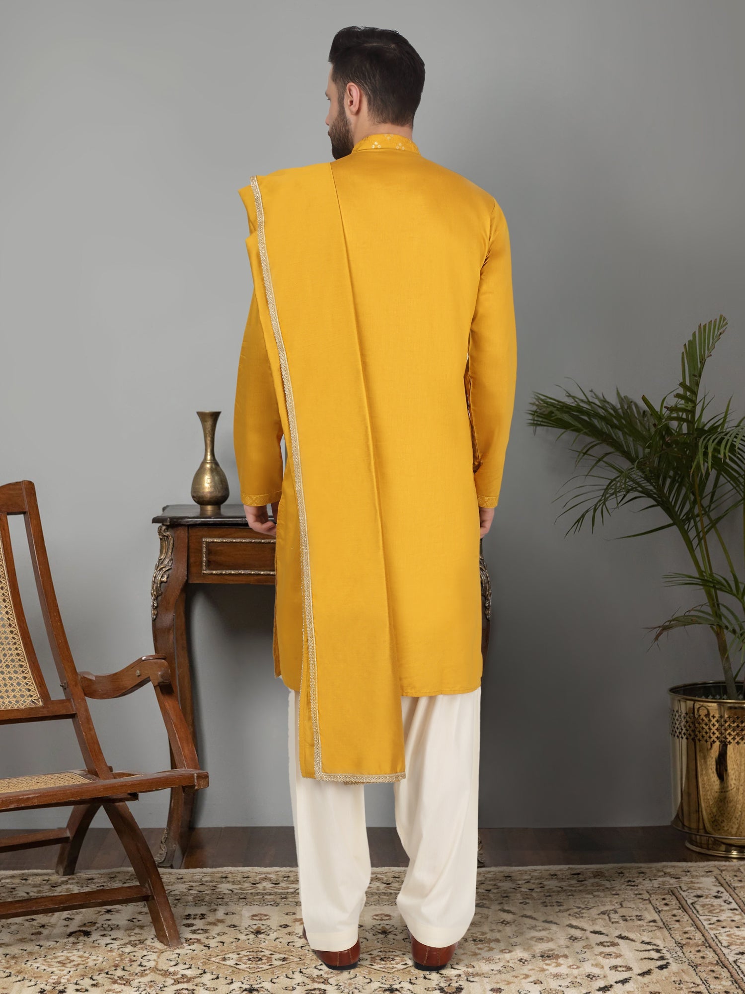 KRAFT INDIA Men's Cotton Silk Sequenced Embroided Kurta with Beige Elastic Waistband Salwar with Matching Dupatta