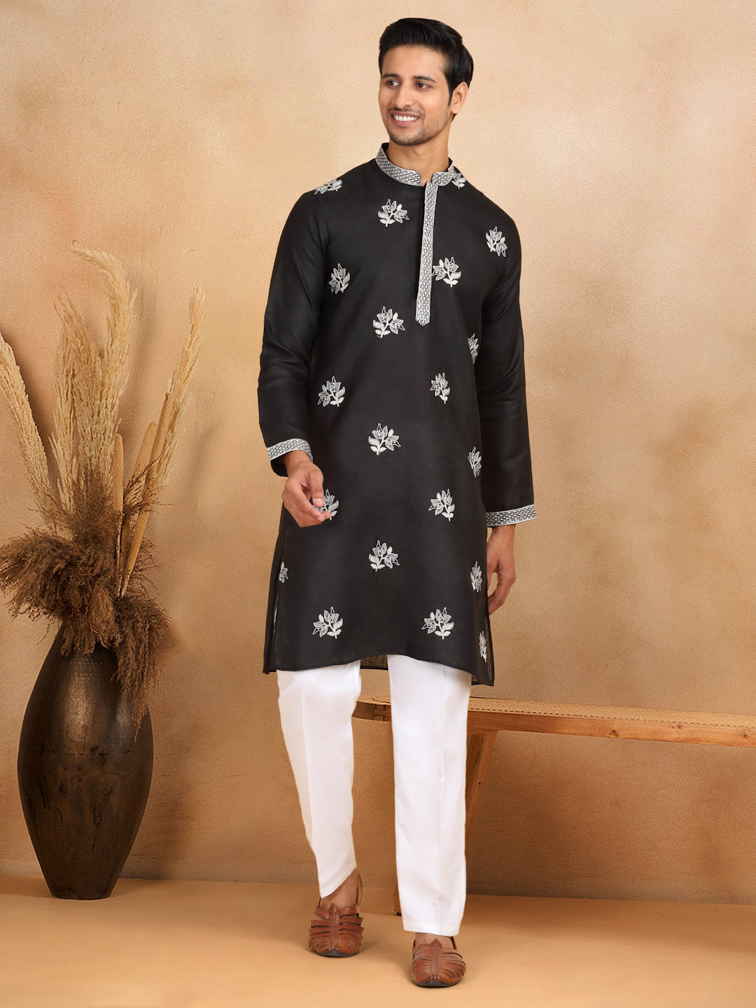LUXE- Cotton Embroidered Work Straight Kurta With White Elastic Waistband Trouser Pant