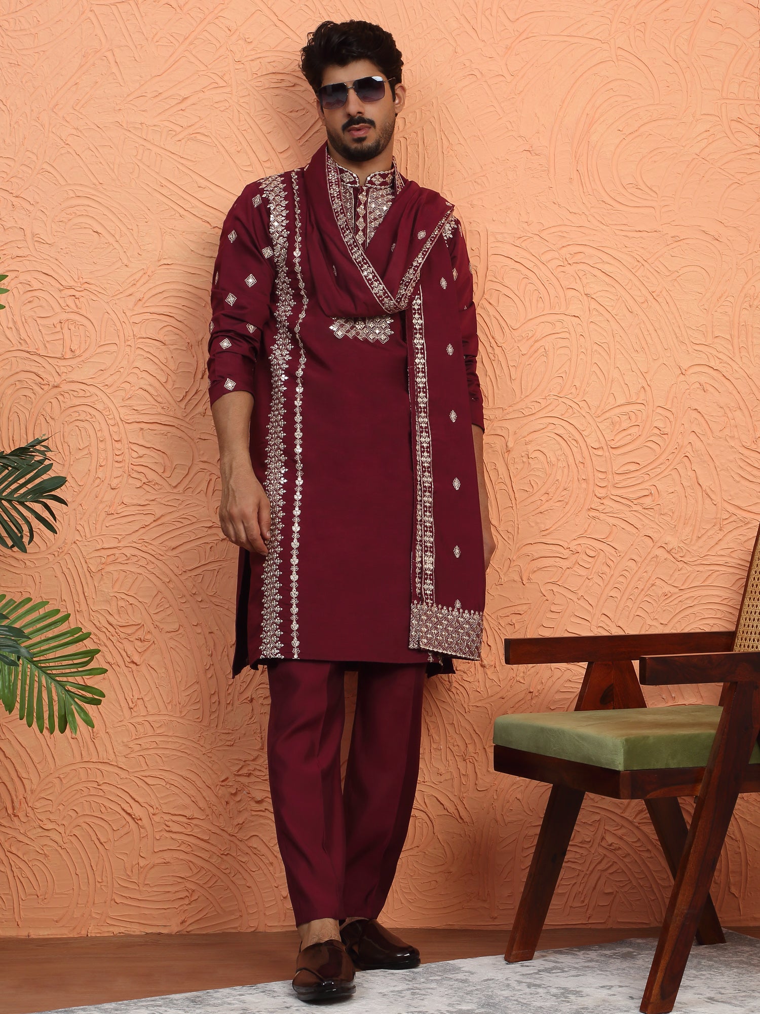LUXE-Men's Cotton Silk Zari Embroided Yoke Design Sequence Kurta Trouser Pant Set With Matching Duppatta
