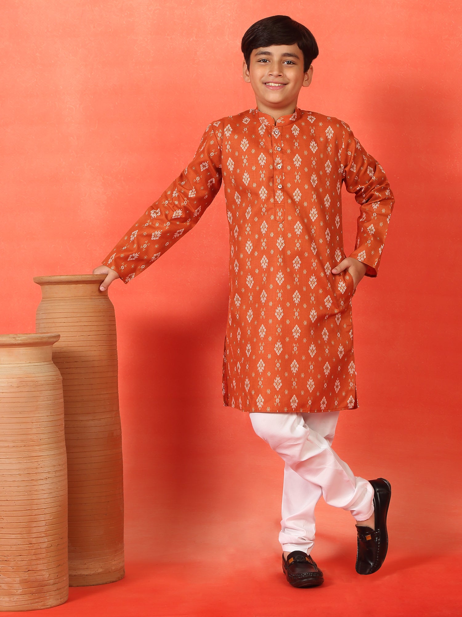 Kid's Geometric Print Cotton Blend Straight Kurta