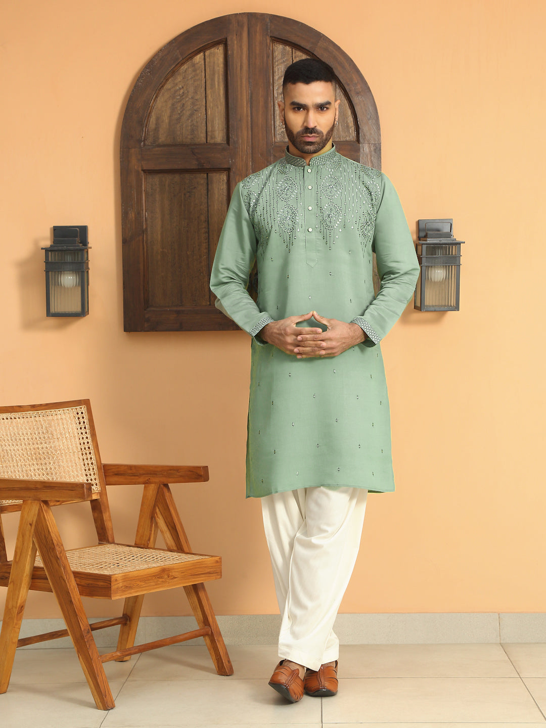 LUXE- Cotton Silk Embroidered Kurta with Sequins work & Cream patiala Salwar