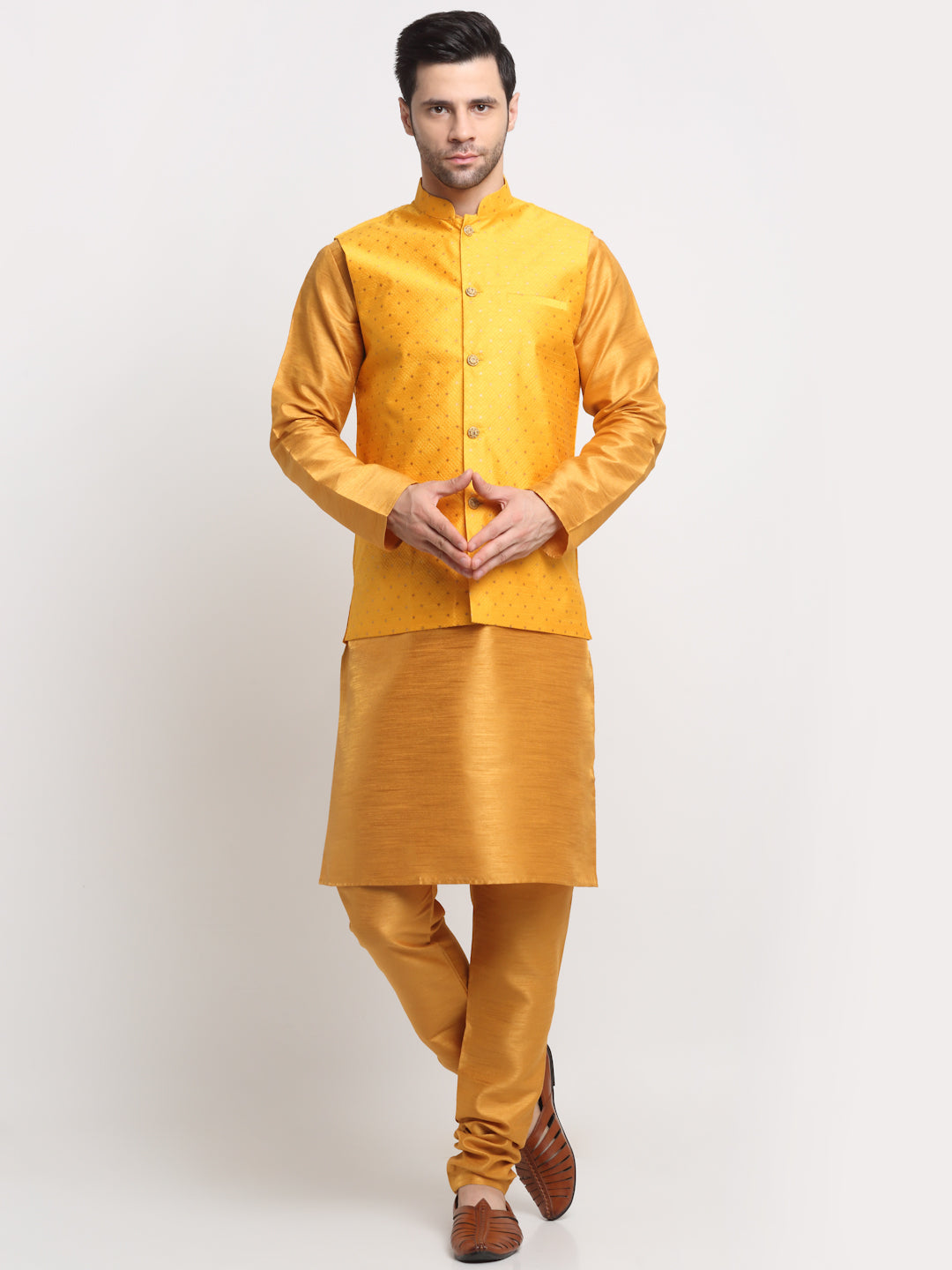 KRAFT INDIA Men's Silk Mustard Kurta Churidar With Polka Dotted Nehru Jacket Set