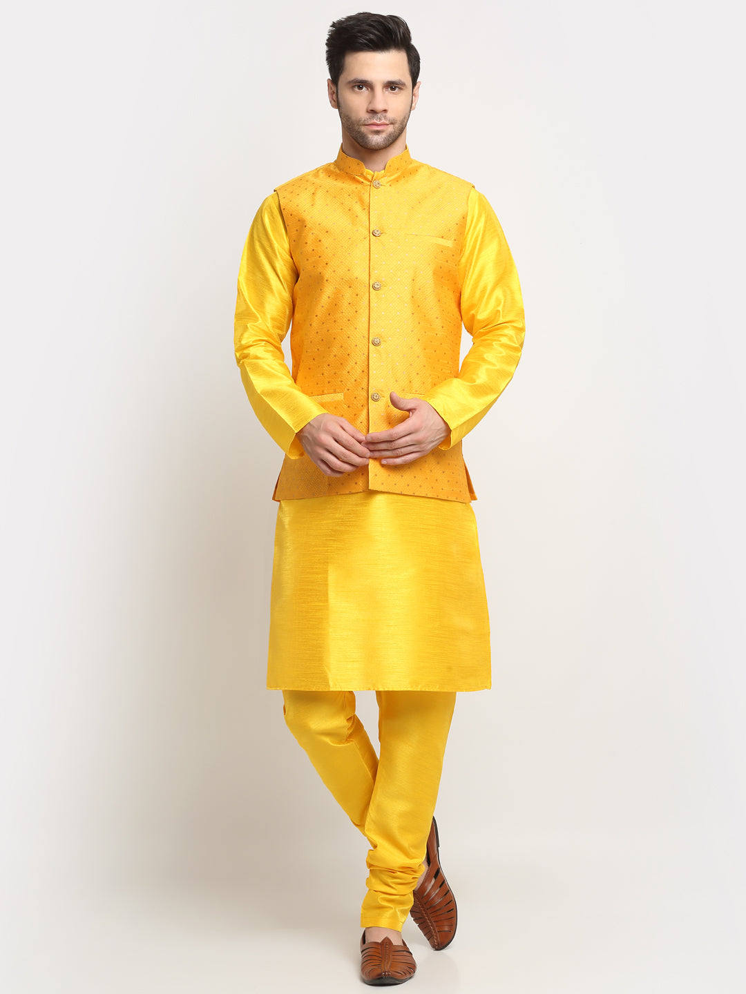 KRAFT INDIA Men's Silk Yellow Kurta Churidar With Polka Dotted Nehru Jacket Set