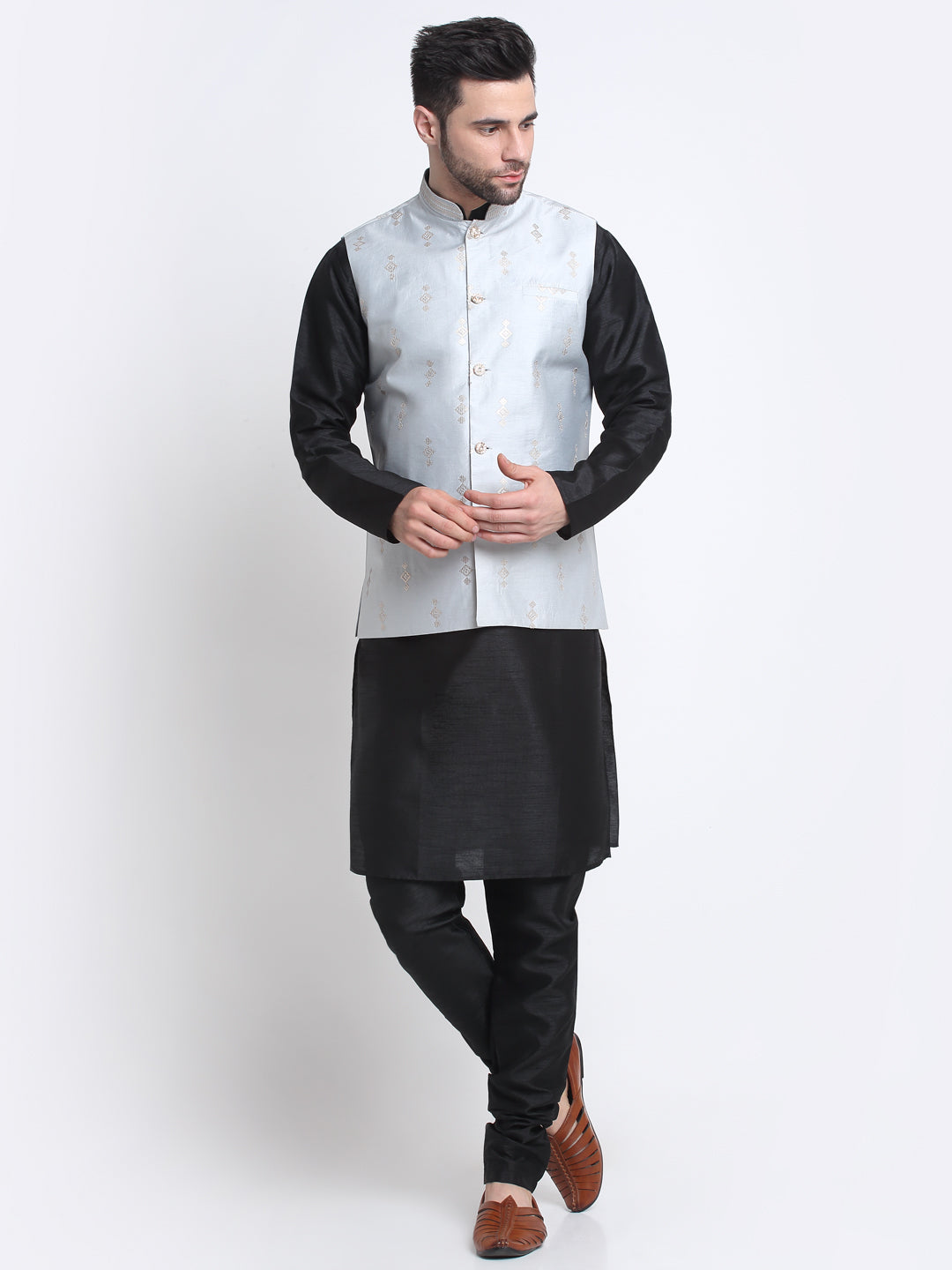 KRAFT INDIA Men Black Silk Kurta & Churidar With Sequenced Nehru Jacket