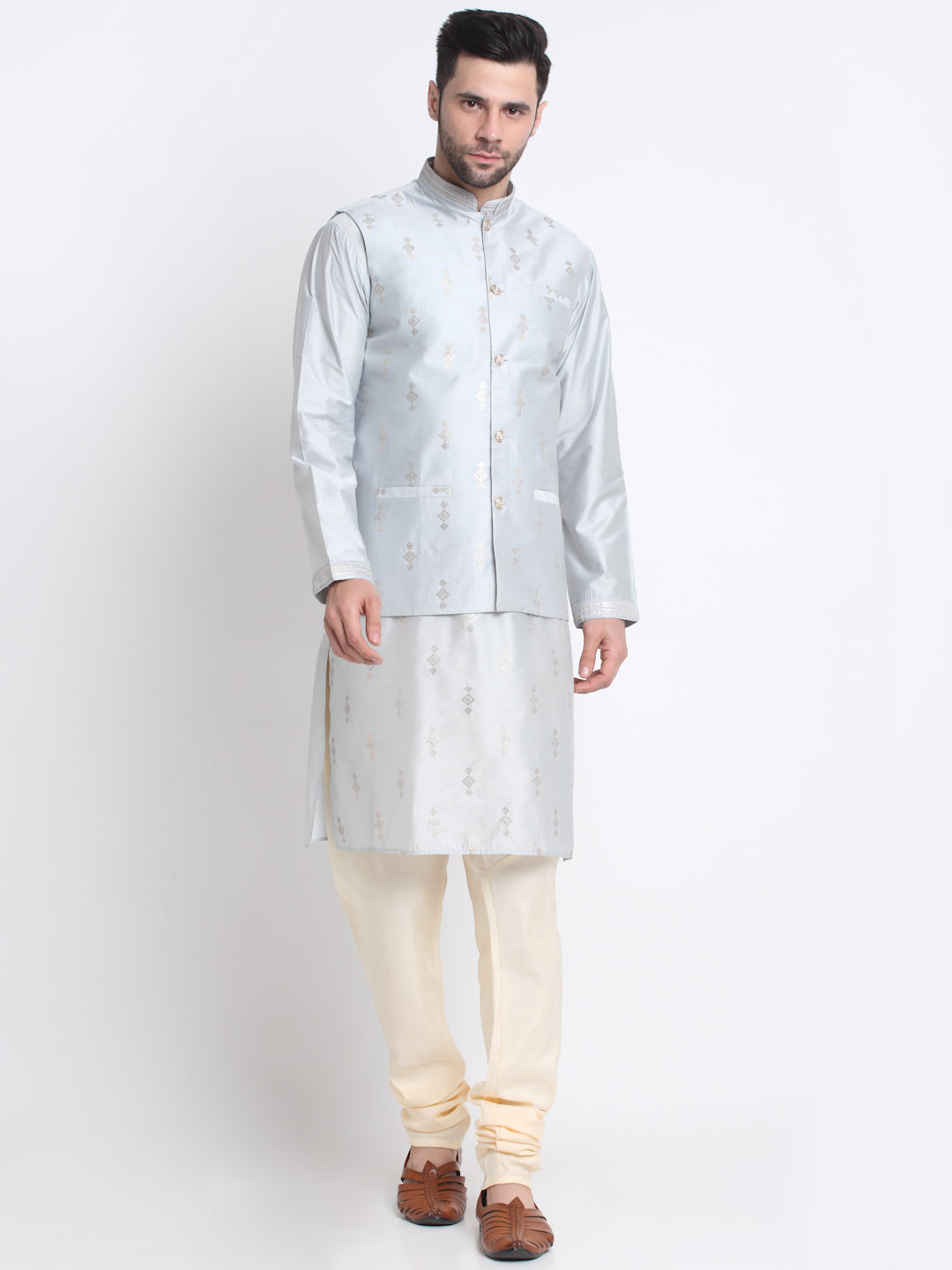 Ethnic Motifs Embroidered Sequence Regular Kurta With Churidar & Nehru Jacket