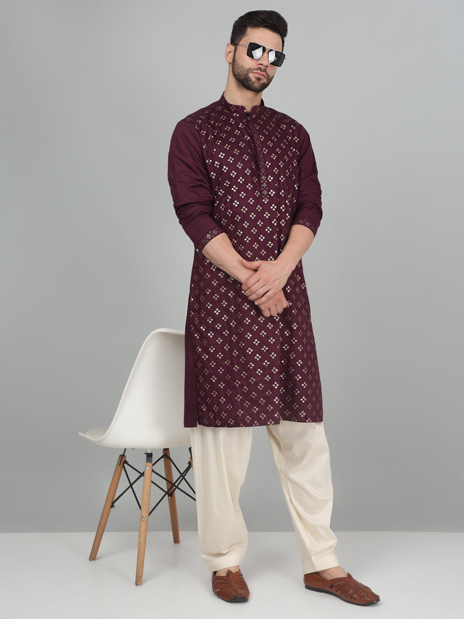 KRAFT INDIA Men's Cotton Silk Sequenced Embroided Kurta Only