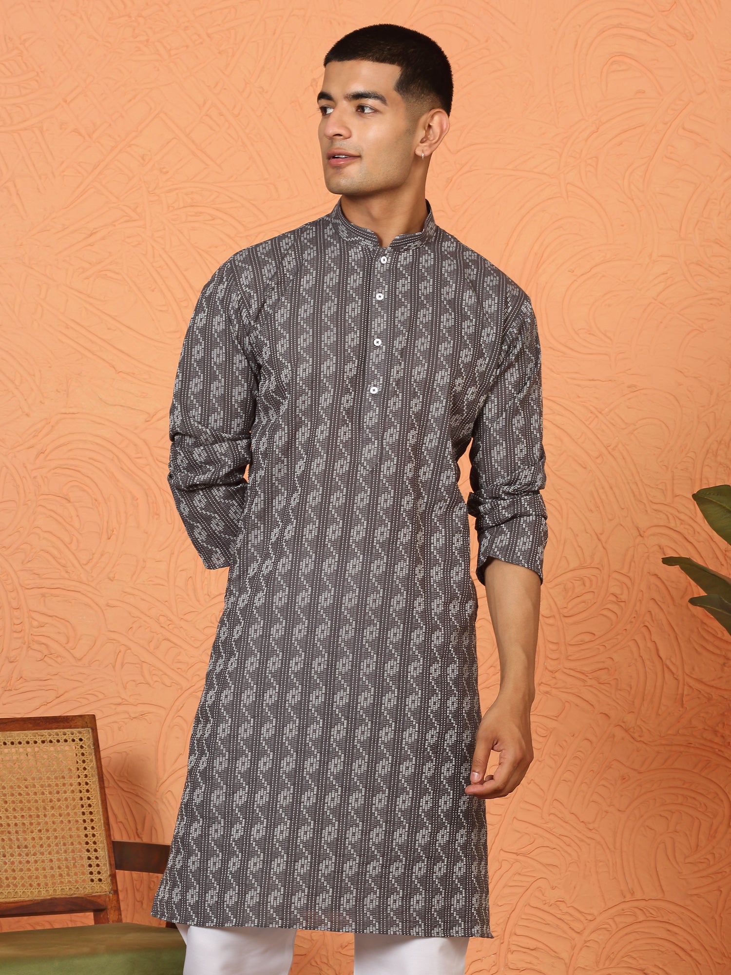 Men’s Cotton Woven Kantha Work Kurta Pyjama Set with Mandarin Collar
