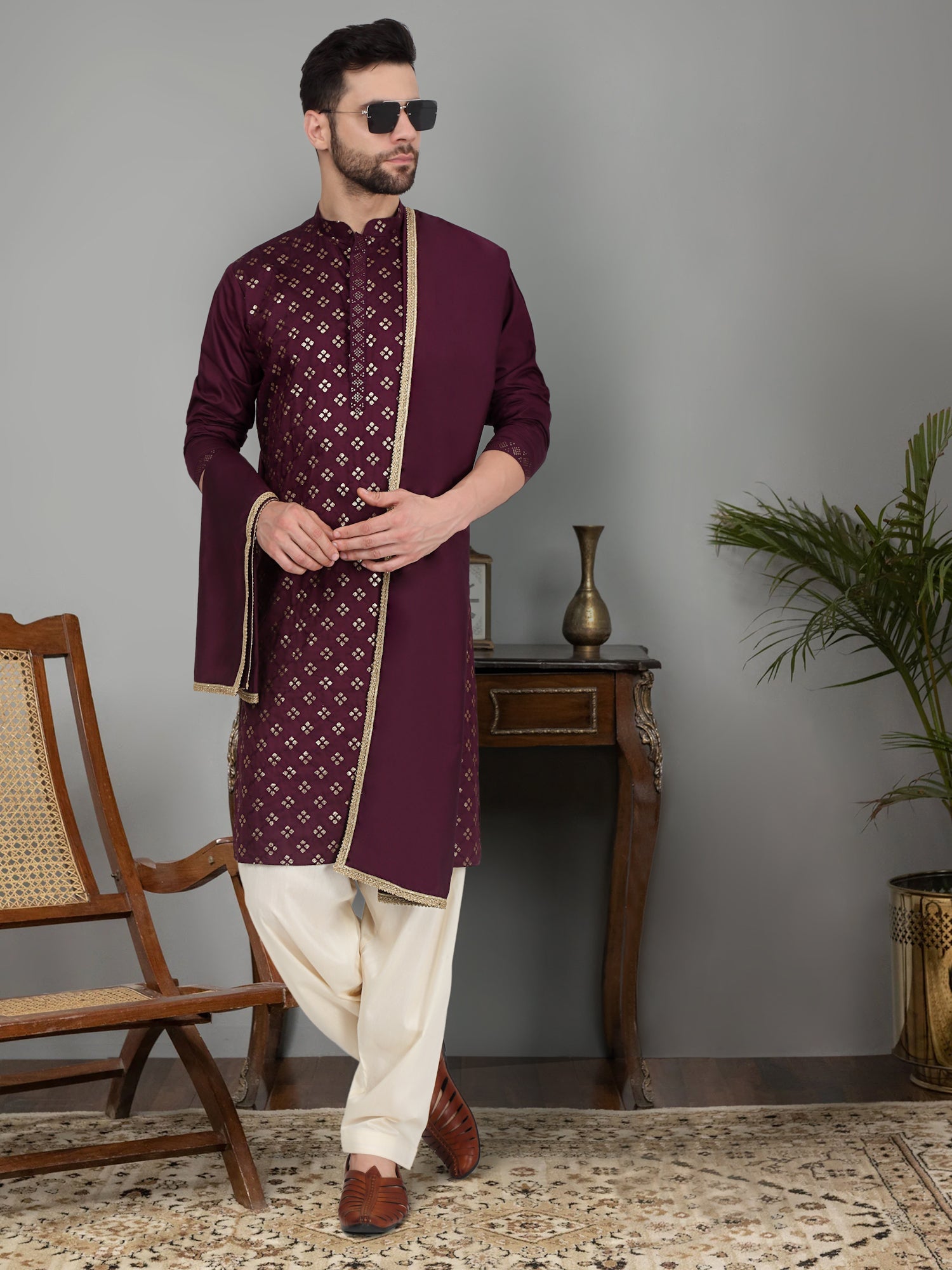 KRAFT INDIA Men's Cotton Silk Sequenced Embroided Kurta with Beige Elastic Waistband Salwar with Matching Dupatta