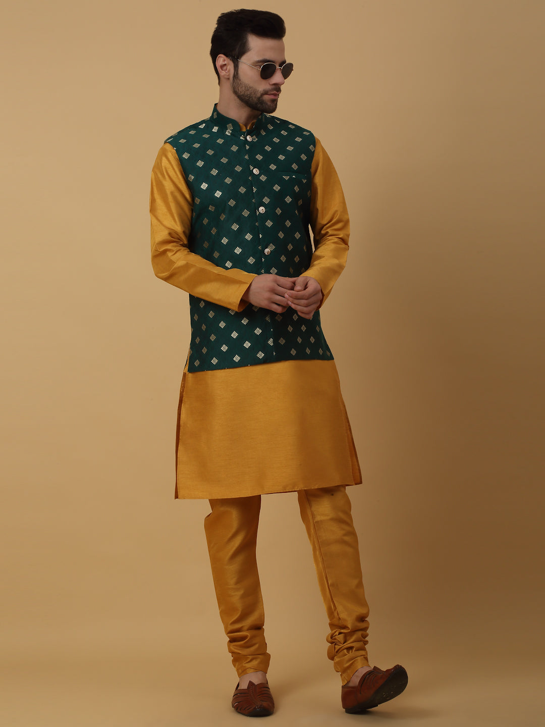KRAFT INDIA Men's Silk Blend Mustard Kurta, Churidar with Jacquard Silk Blend Floral Print Nehru Jacket Set
