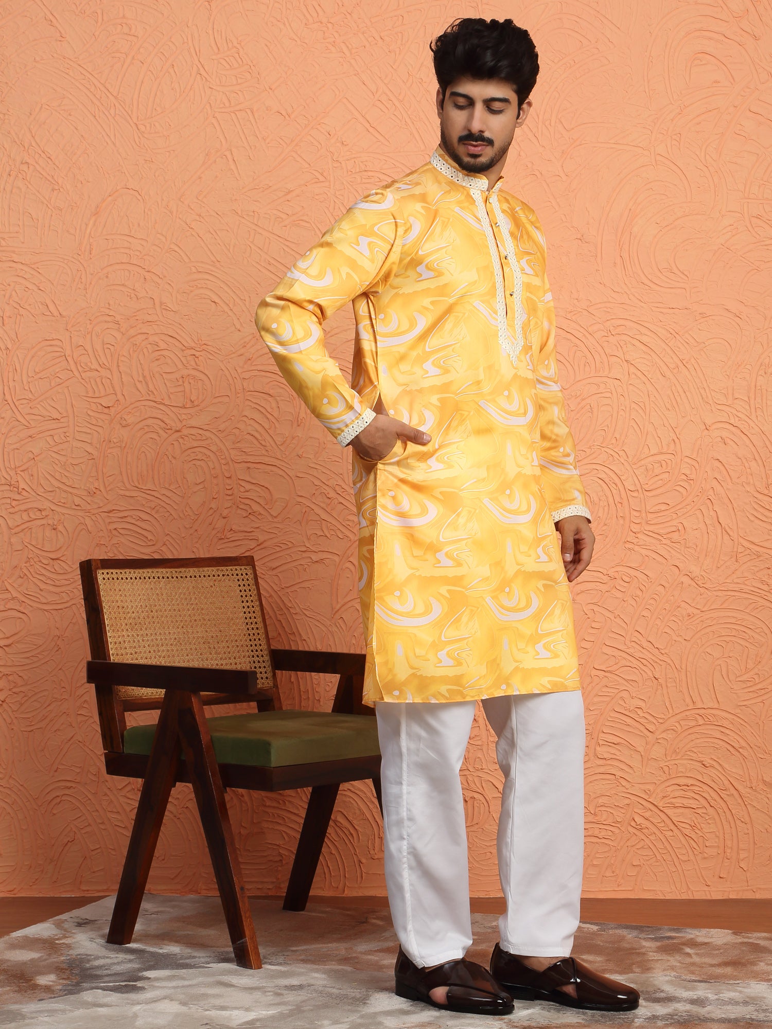 LUXE- Men's Cotton Silk Tie-Dye Printed Yoke Design Sequence Kurta