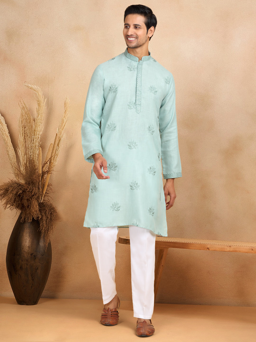 LUXE- Cotton Embroidered Work Straight Kurta With White Elastic Waistband Trouser Pant