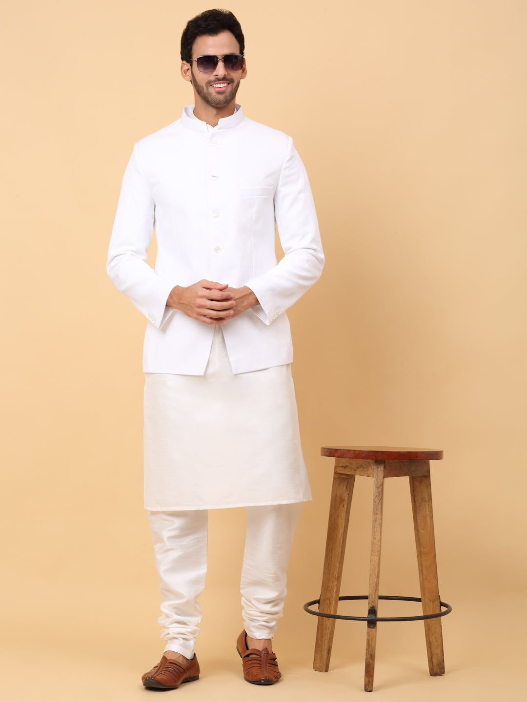 KRAFT INDIA Men's Silk Cream Kurta Churidar With Solid Twill Bandhgala Suit/Coat