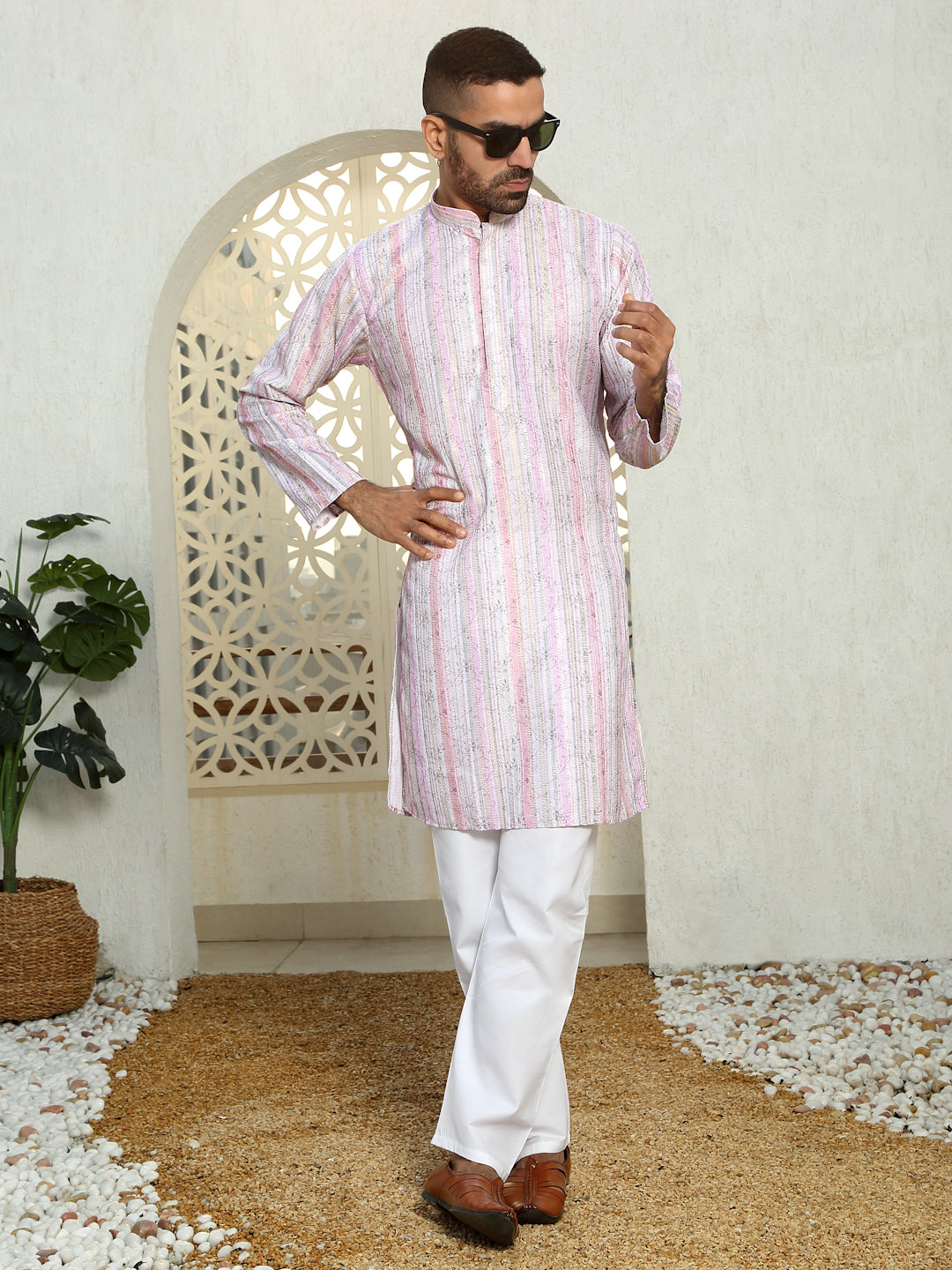 Cotton Zari Embroidered Chikan Floral Print Kurta with white Elastic waistband Pyjama set