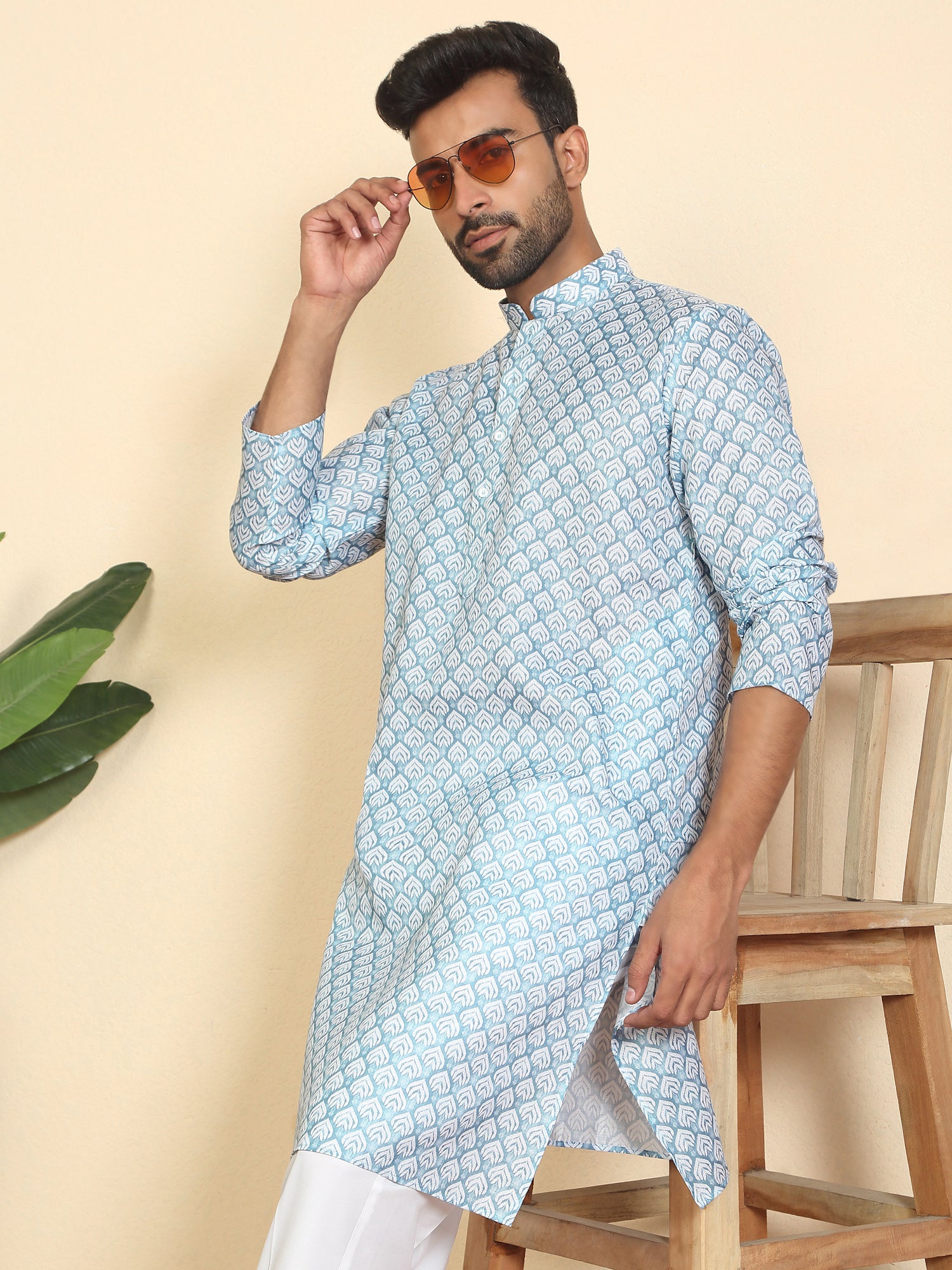 Men's Geometric Print Cotton Blend Kurta