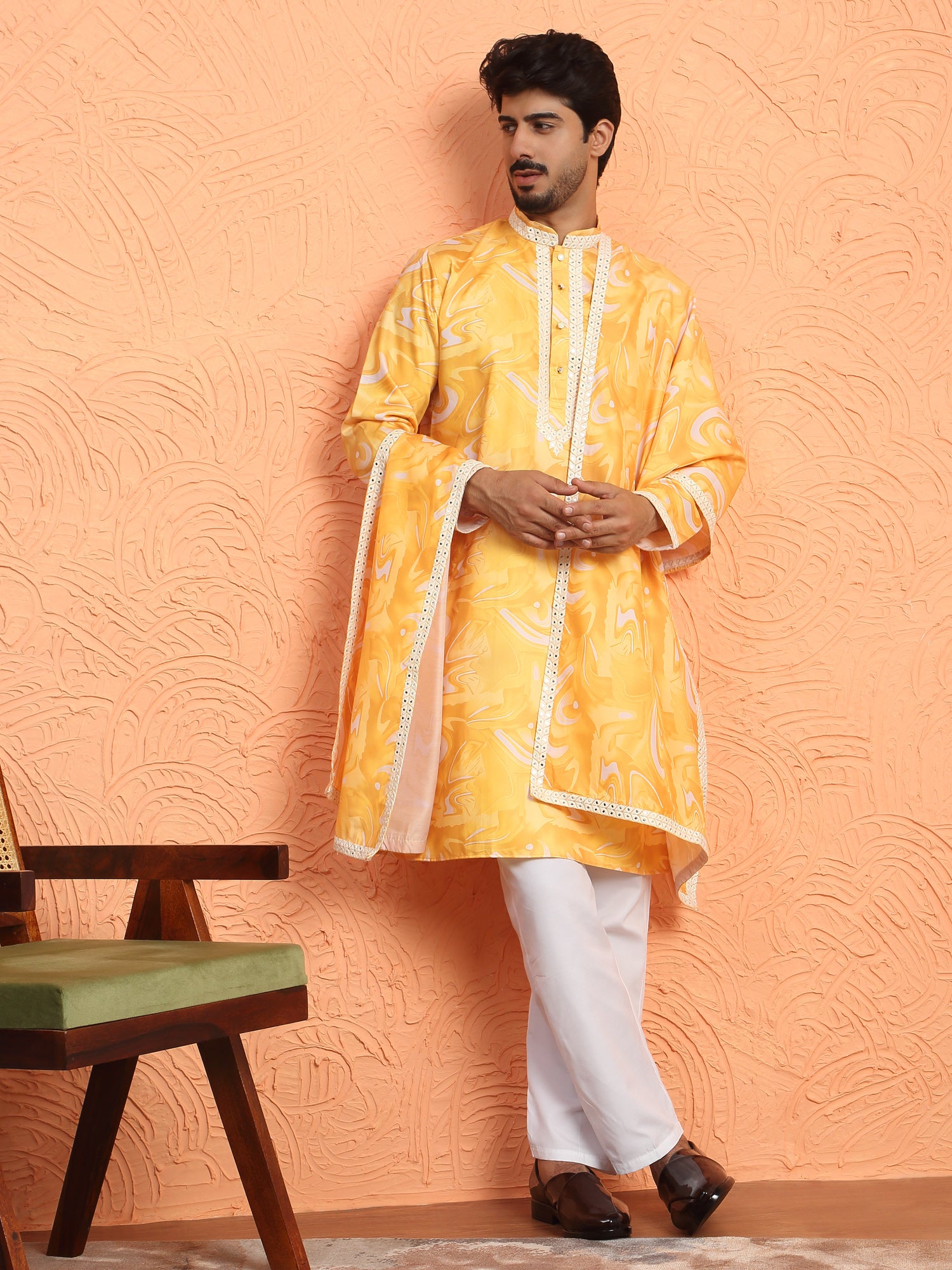 LUXE-Men's Cotton Silk Tie-Dye Printed Yoke Design Sequence Kurta Trouser Pant Set With Matching Duppatta
