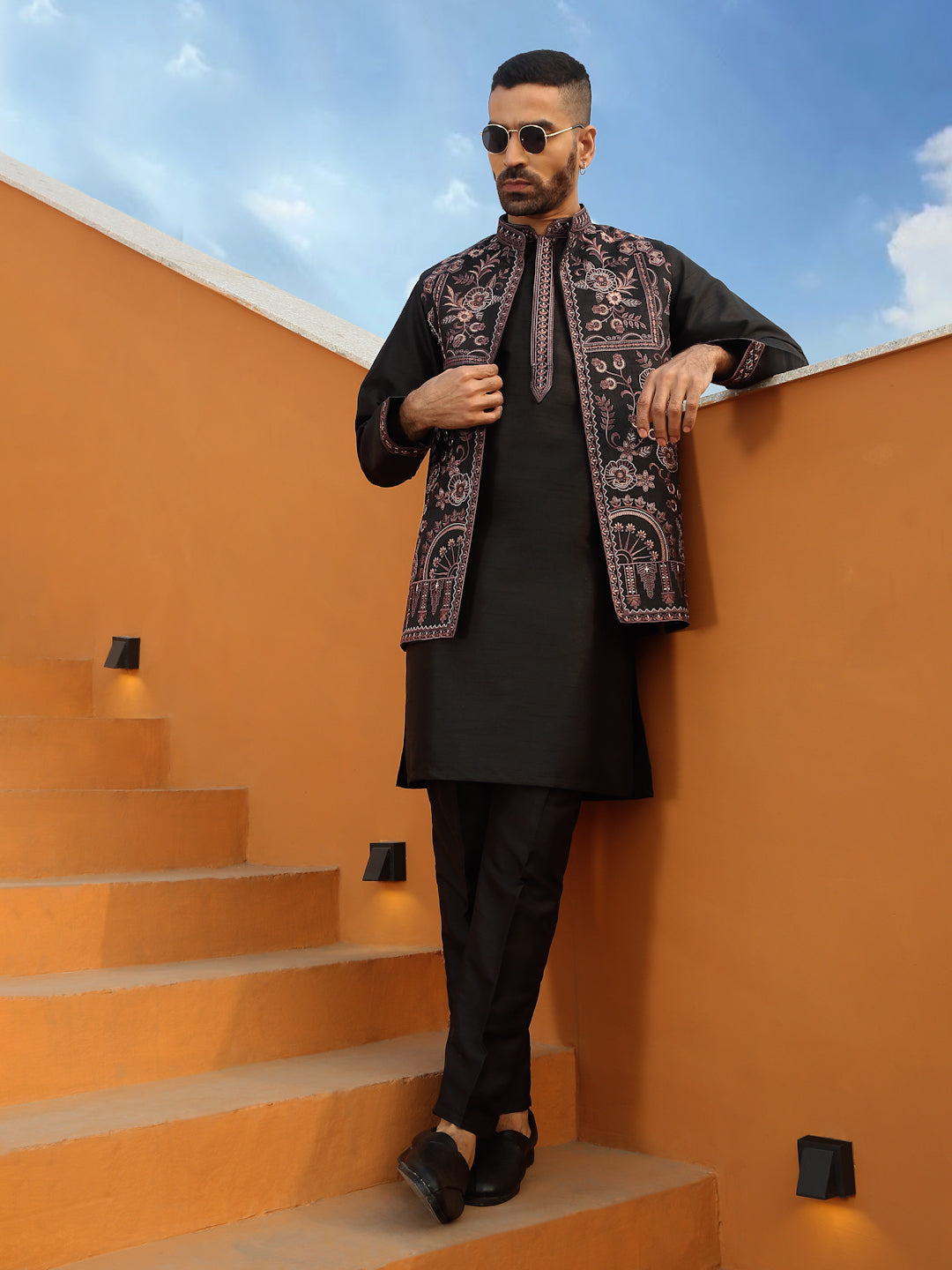 LUXE- Floral Embroidered Cotton Silk Kurta Trouser Pant set with Embroidered Floral Front open Nehru Jacket set