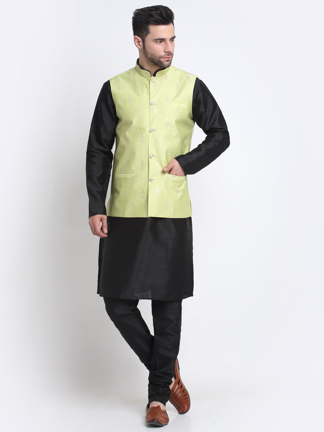 KRAFT INDIA Men Black Silk Kurta & Churidar With Sequenced Nehru Jacket