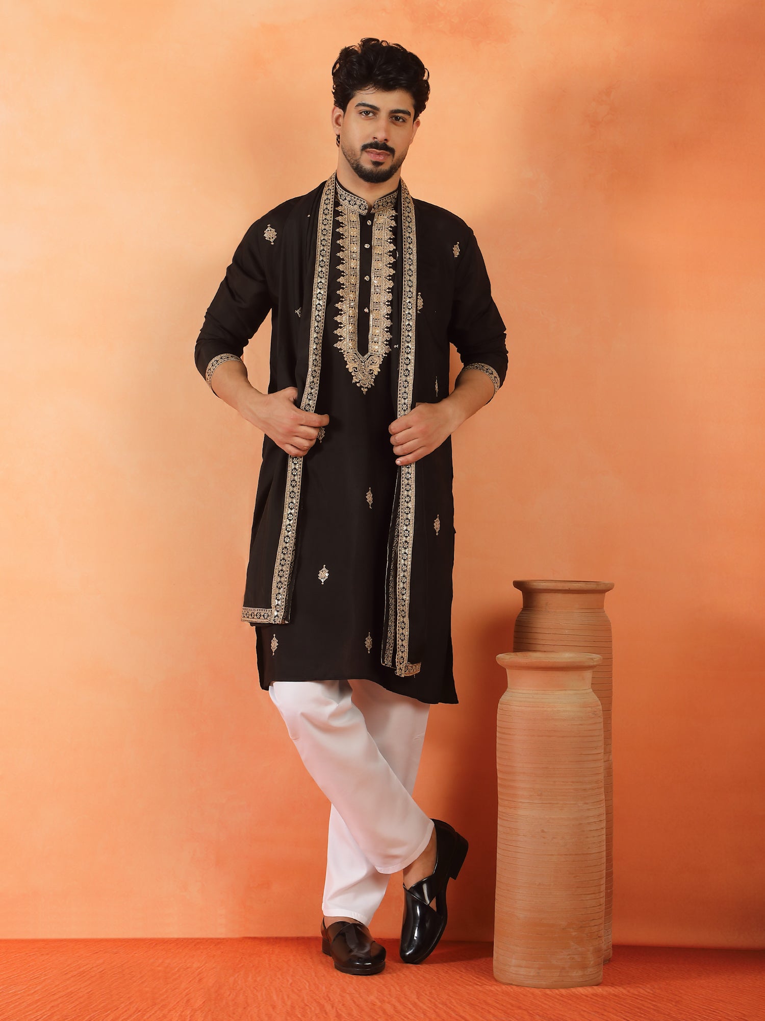 Men's Sequenced Embroidered Cotton Silk Straight Kurta Pyjama With Dupatta Set