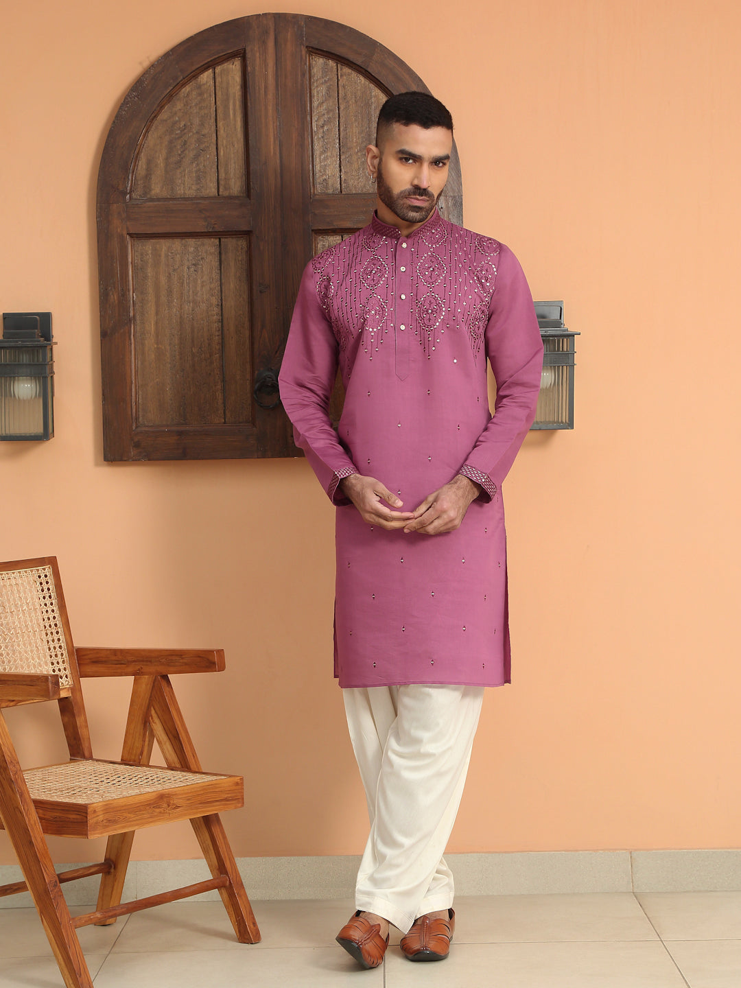 LUXE- Cotton Silk Embroidered Kurta with Sequins work & Cream patiala Salwar