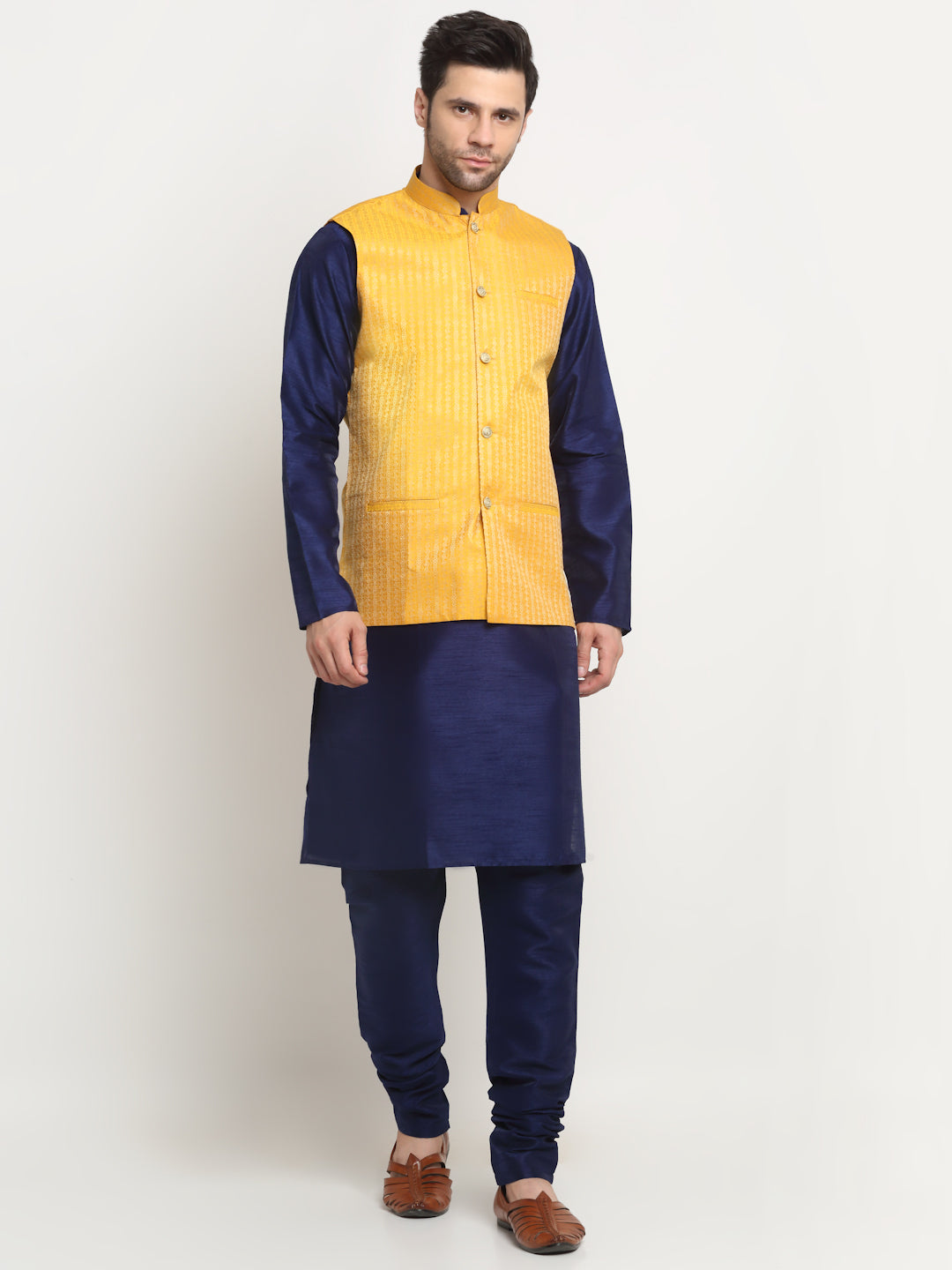 KRAFT INDIA Men's Silk Navy Blue Kurta Churidar with Nehru Jacket Set