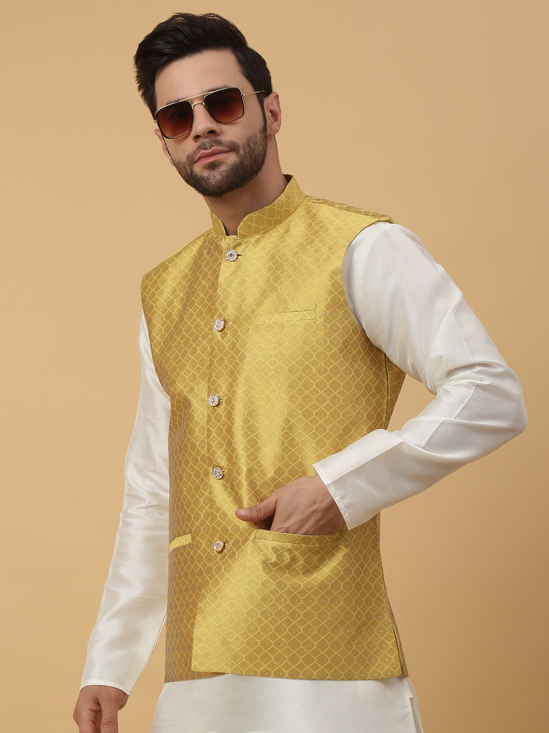 KRAFT INDIA Men's Silk Blend Geometric Sleeveless Jacquard Nehru Jacket