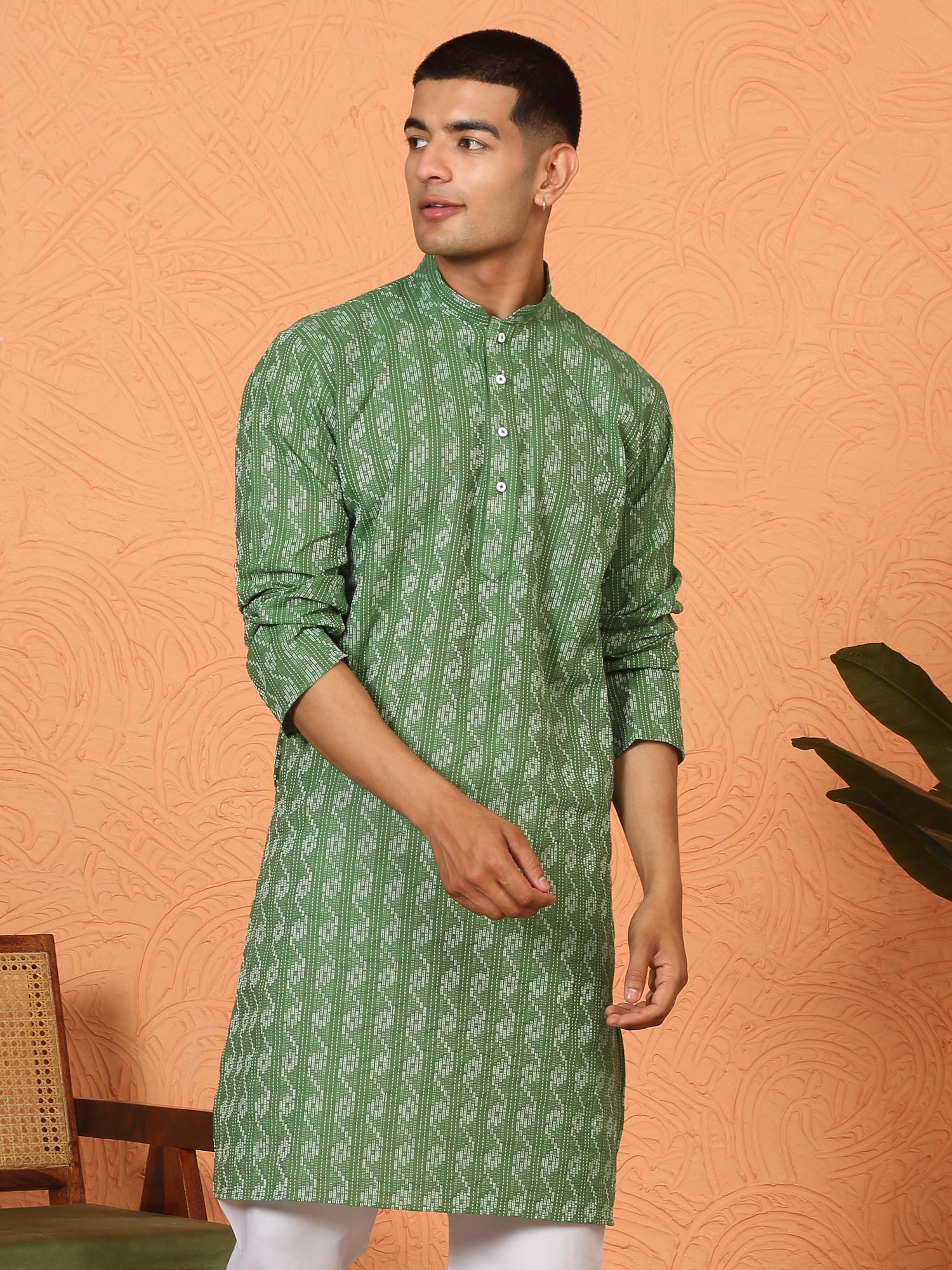 Men’s Cotton Woven Kantha Work Kurta Pyjama Set with Mandarin Collar
