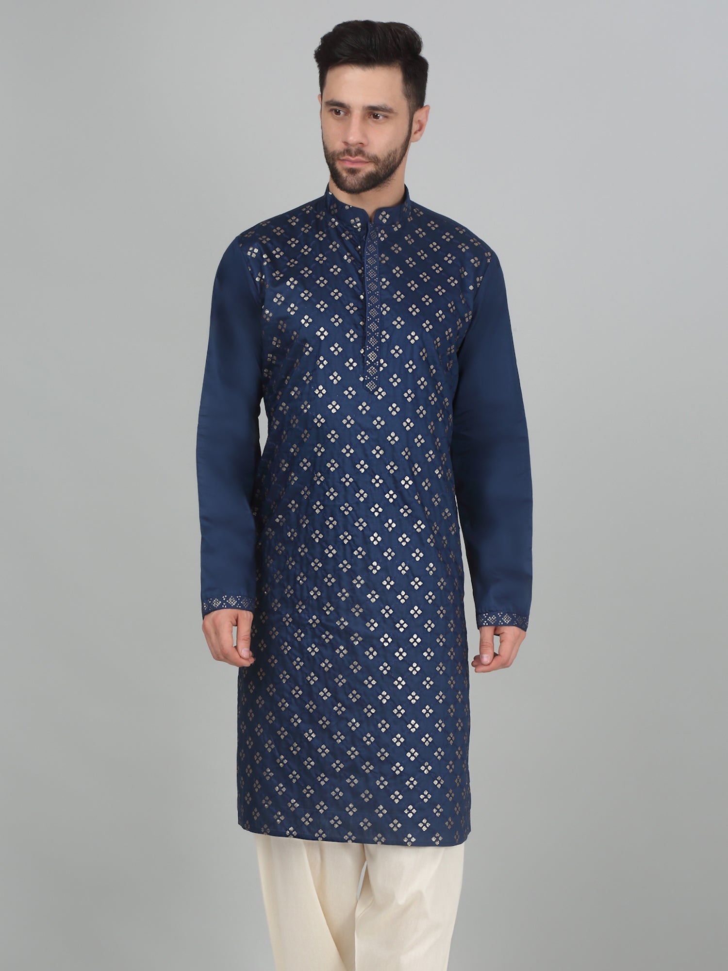 KRAFT INDIA Men's Cotton Silk Sequenced Embroided Kurta Only