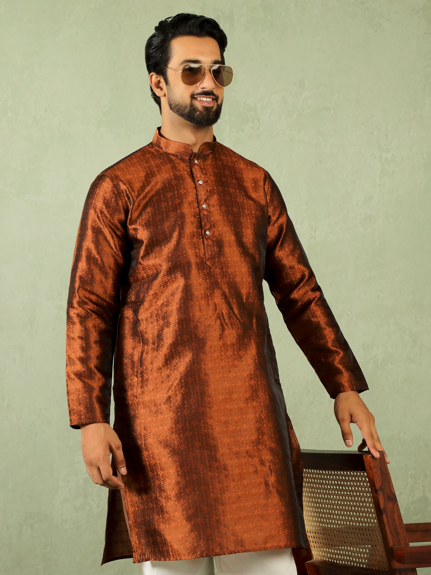 Men Jacquard Floral Mandarin Collor Long Kurta