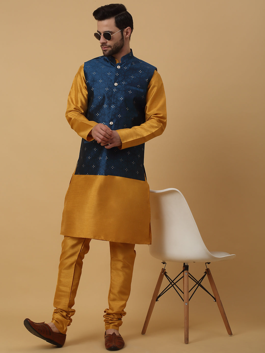KRAFT INDIA Men's Silk Blend Mustard Kurta, Churidar with Jacquard Silk Blend Floral Nehru Jacket Set
