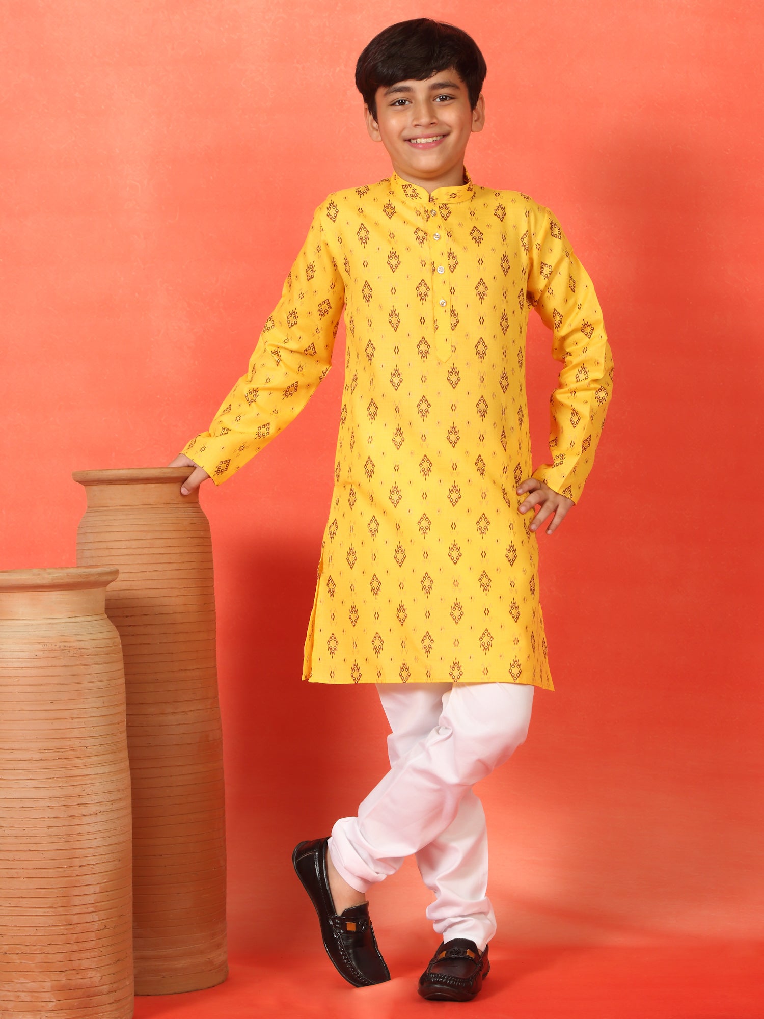 Geometric Print Cotton Blend Straight Kurta Pyjama Set for Kid's