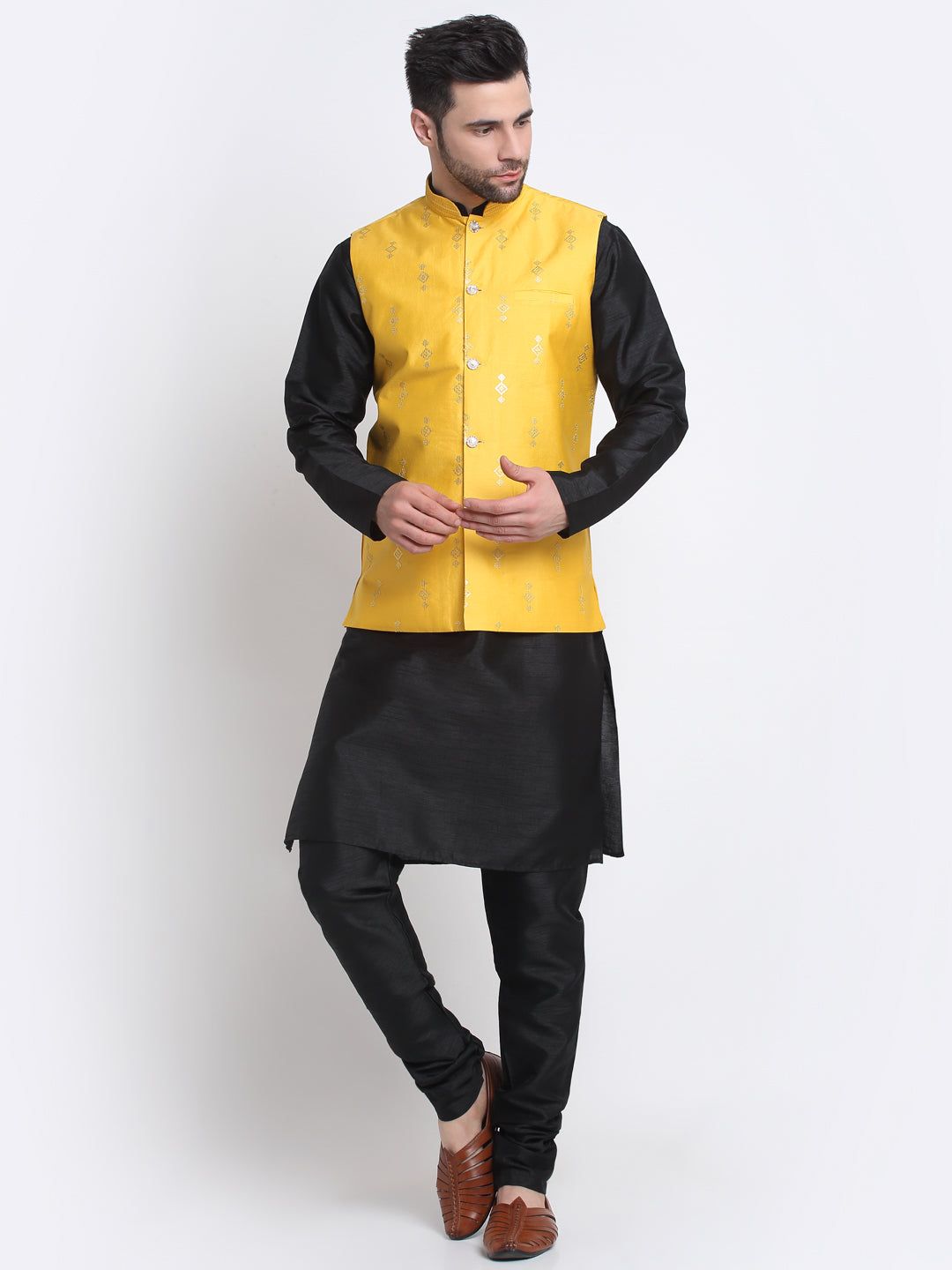 KRAFT INDIA Men Black Silk Kurta & Churidar With Sequenced Nehru Jacket