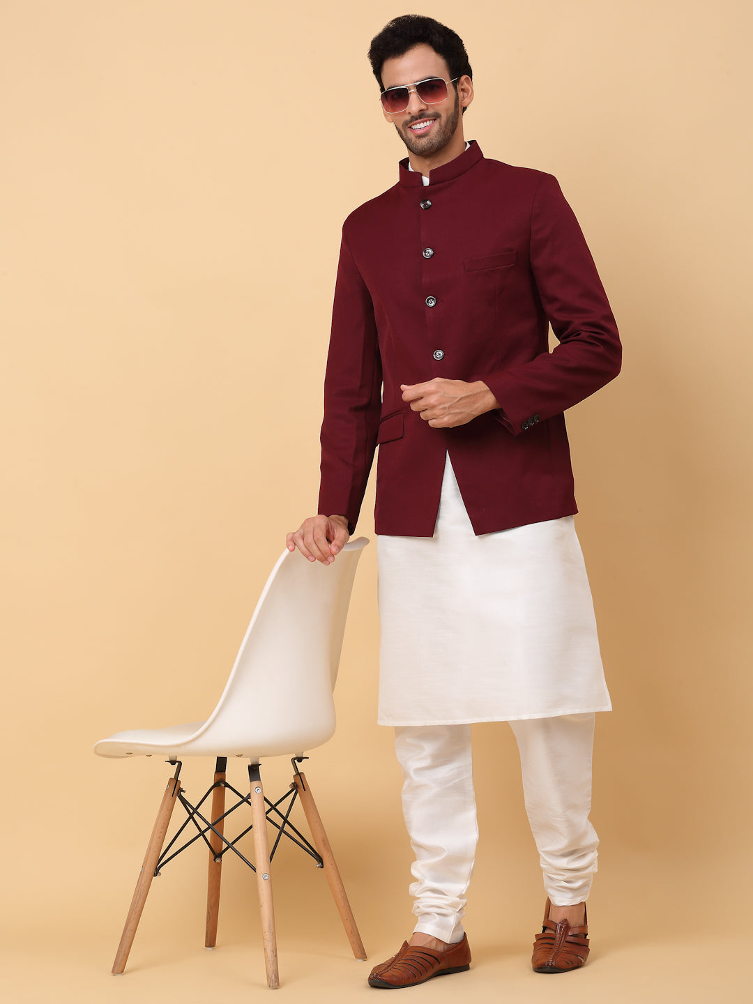 KRAFT INDIA Men's Silk Cream Kurta Churidar With Solid Twill Bandhgala Suit/Coat