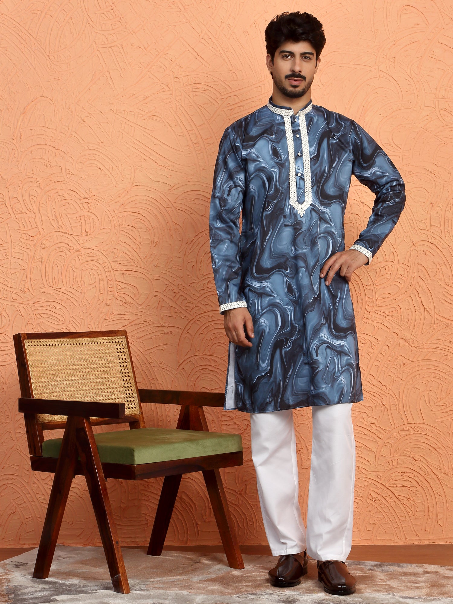 LUXE- Men's Cotton Silk Tie-Dye Printed Yoke Design Sequence Kurta
