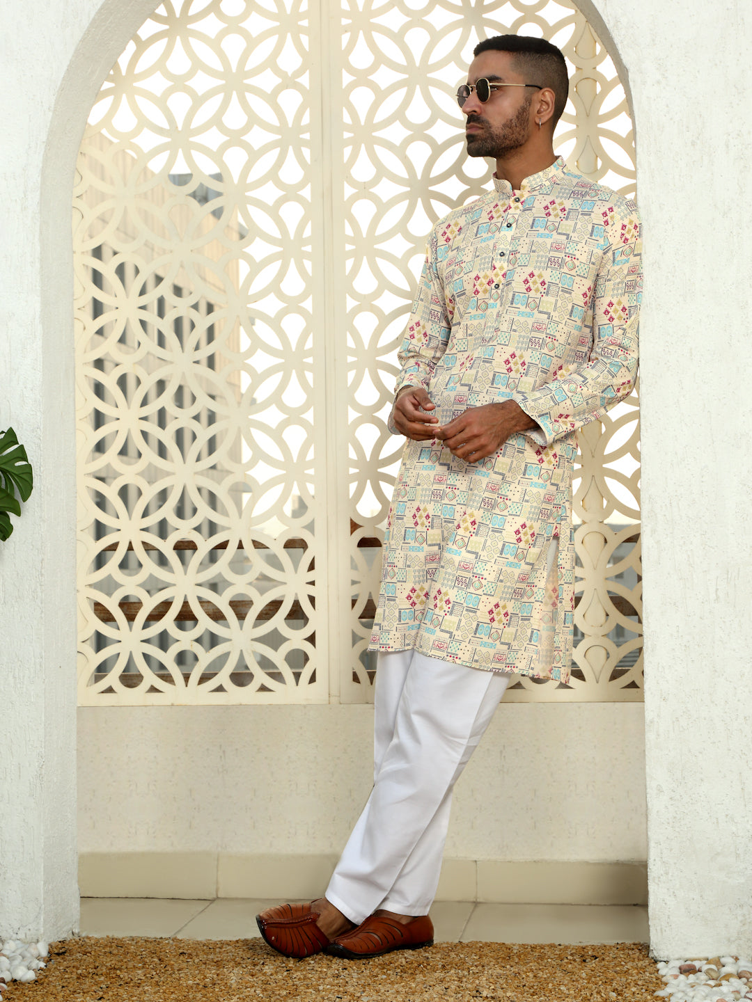 Cotton Geometric Printed Straight Kurta and Elastic Waistband Pyjama Set