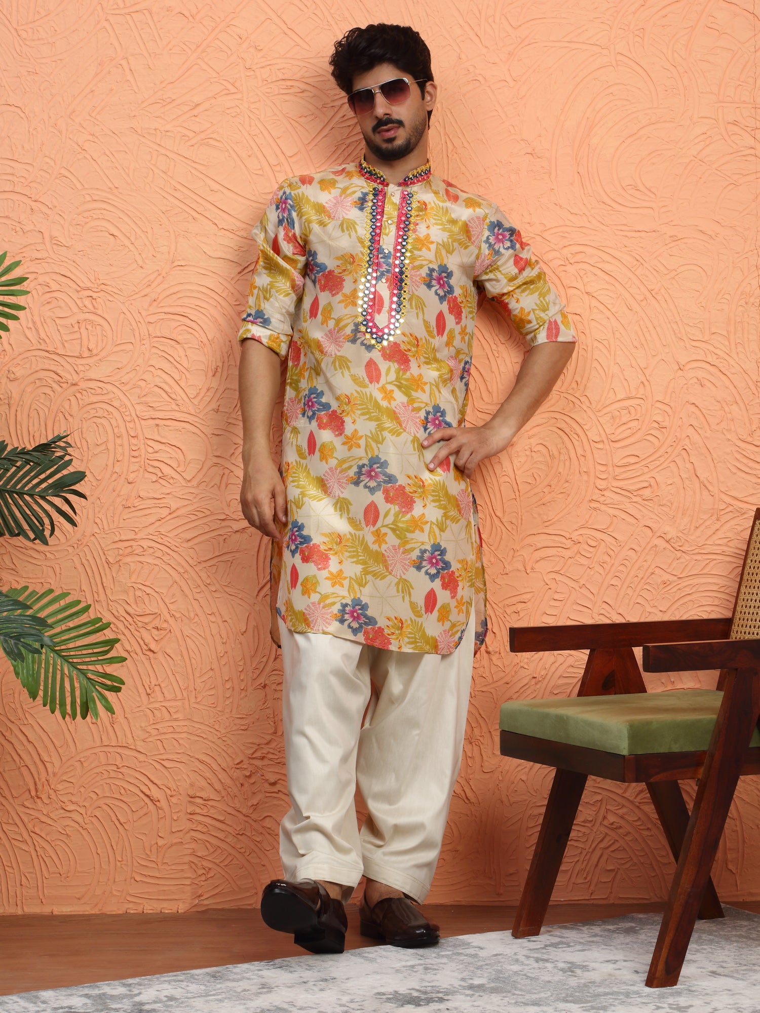 LUXE-Men's Silk Yoke Design Floral Mirror Work Kurta Salwar set