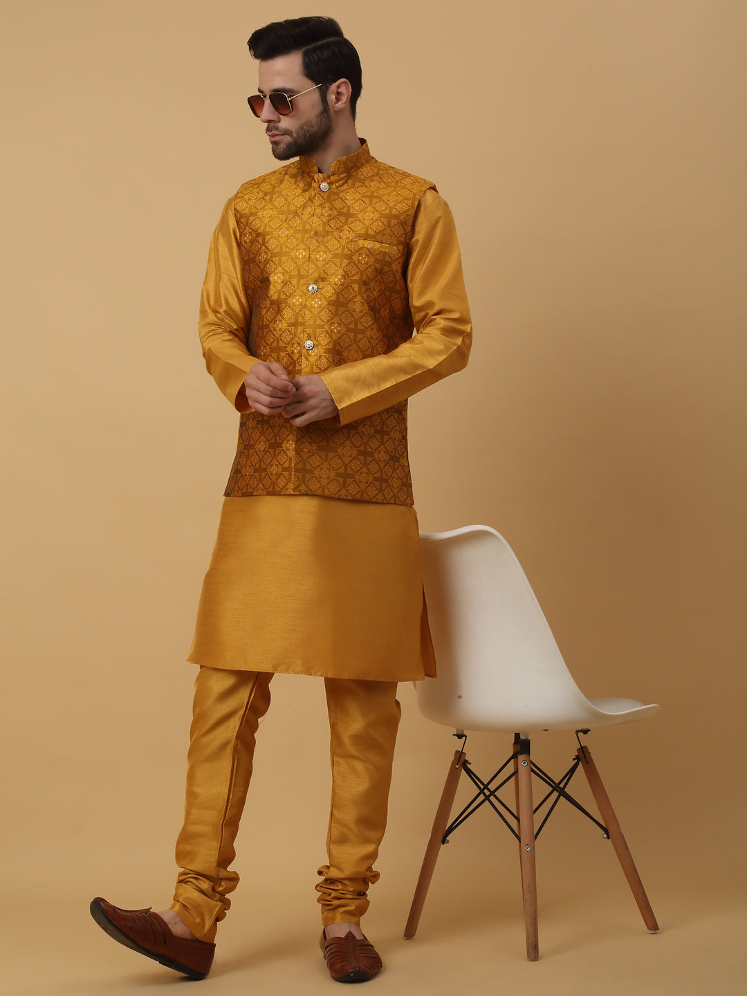 KRAFT INDIA Men's Silk Blend Mustard Kurta, Churidar with Jacquard Silk Blend Floral Nehru Jacket Set