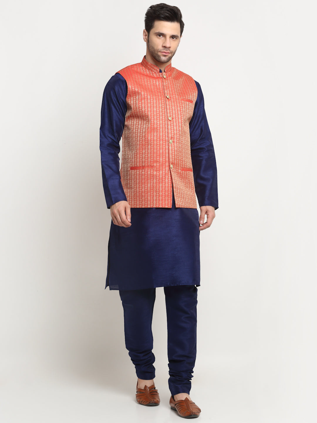 KRAFT INDIA Men's Silk Navy Blue Kurta Churidar with Nehru Jacket Set